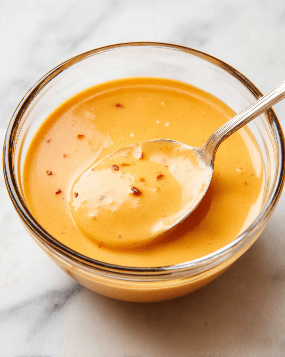 A clear glass bowl filled with a smooth, creamy orange sauce that has small red flecks mixed throughout. A metal spoon is partially dipped in the sauce, with some sauce resting on the spoon, showing its thick texture. The bowl is placed on a white marbled surface, and the sauce has a glossy sheen reflecting the light. photo taken with an iphone --ar 4:5 --v 7