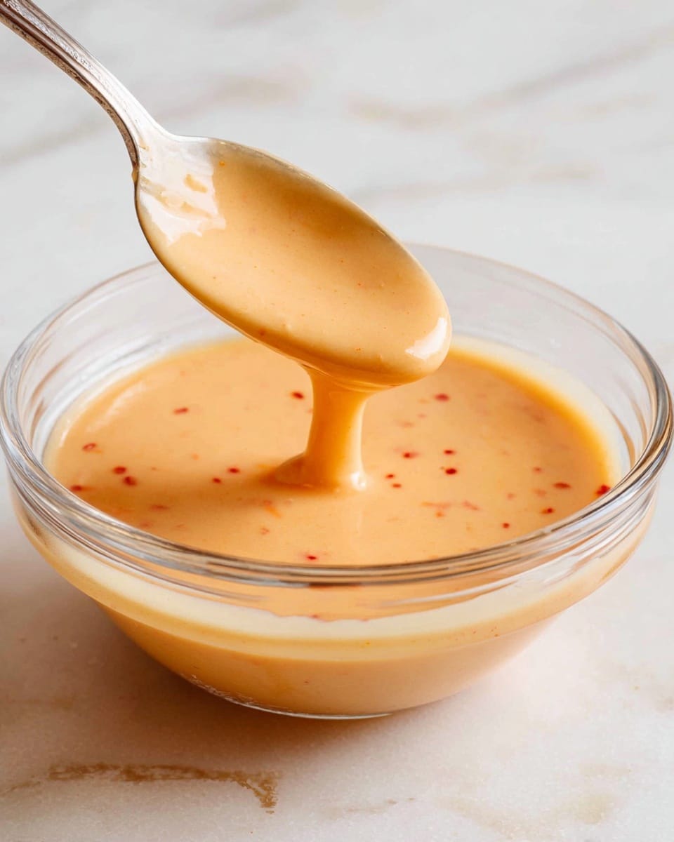 A clear glass bowl filled with a smooth, creamy sauce that is light orange with small red specks throughout. A silver spoon is held above the bowl, dripping the thick sauce back into it. The background is a white marbled surface that enhances the warm color of the sauce. photo taken with an iphone --ar 4:5 --v 7