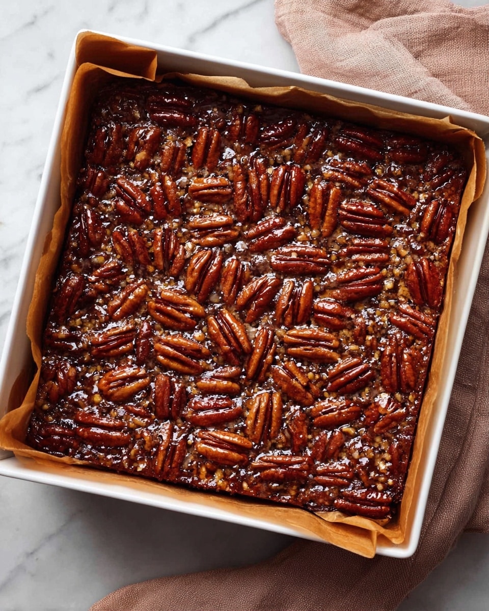 The image shows a square pecan dessert in a white baking pan lined with parchment paper. The top layer is rich and glossy with a dark caramel color, densely packed with whole pecans arranged evenly across the surface. The pecans have a shiny, toasted brown texture, contrasting with the sticky sugary filling beneath them. The filling looks gooey and slightly bumpy with bits of chopped nuts mixed in. The baking pan rests on a light brown cloth on a white marbled surface. photo taken with an iphone --ar 4:5 --v 7