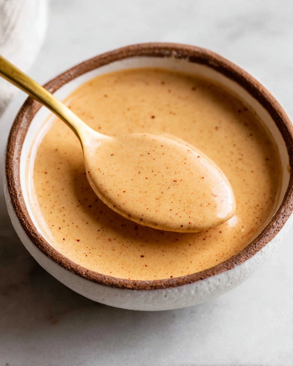 A close-up shot shows a small white bowl filled with a creamy, light orange sauce speckled with tiny brown dots, indicating spices or seasoning. A gold spoon inside the bowl scoops some of the thick sauce, showing its smooth and rich texture. The bowl sits on a white marbled surface, adding subtle contrast to the warm color of the sauce. The edges of the bowl have a rustic, uneven brown rim that frames the sauce nicely. Photo taken with an iphone --ar 4:5 --v 7