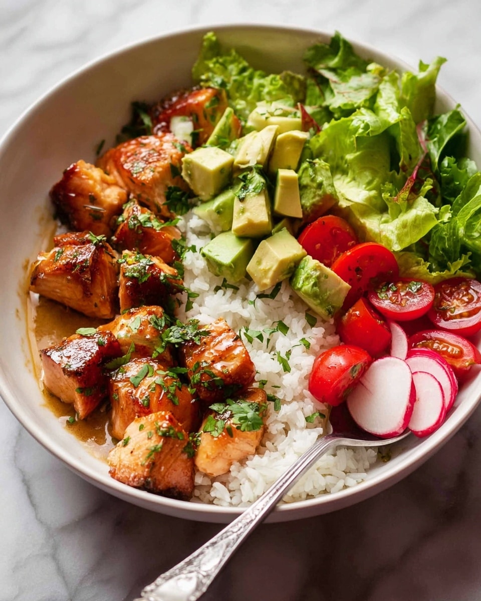 A white bowl sits on a white marbled surface filled with a colorful layered dish. The first layer is plain white rice, covering the entire bottom. On top of the rice, there are medium-sized chunks of grilled salmon, glazed with a light brown sauce and sprinkled with chopped green herbs, arranged on one side. Next to the salmon, there are small diced cubes of green avocado and halved red cherry tomatoes. Thinly sliced radish and fresh green lettuce leaves form the last layer, adding texture and color contrast. A silver spoon rests inside the bowl, touching the salmon pieces. Photo taken with an iphone --ar 4:5 --v 7