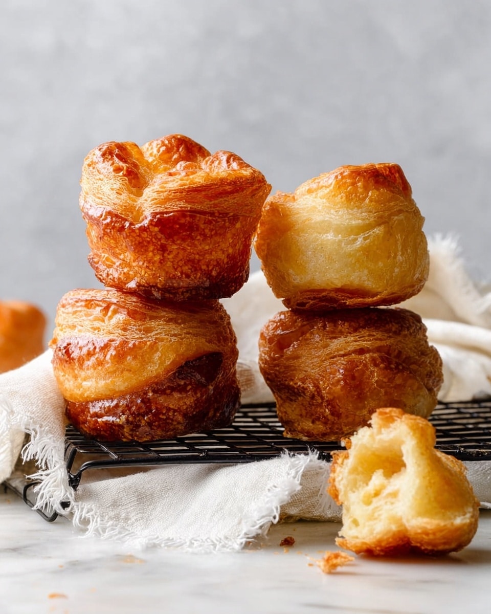 The image shows two stacks of crispy, golden-brown pastries placed on a black wire rack over a white cloth with frayed edges, all set on a white marbled surface. Each stack has two pastries: the bottom pastries are darker with a shiny caramelized crust, thick and unevenly shaped with a slightly rough texture, while the top pastries are lighter golden, puffier, and delicately flaky with visible layers. A piece of torn pastry with a soft, airy inside sits to the right on the surface. The background has a soft, light-grey pattern. photo taken with an iphone --ar 4:5 --v 7