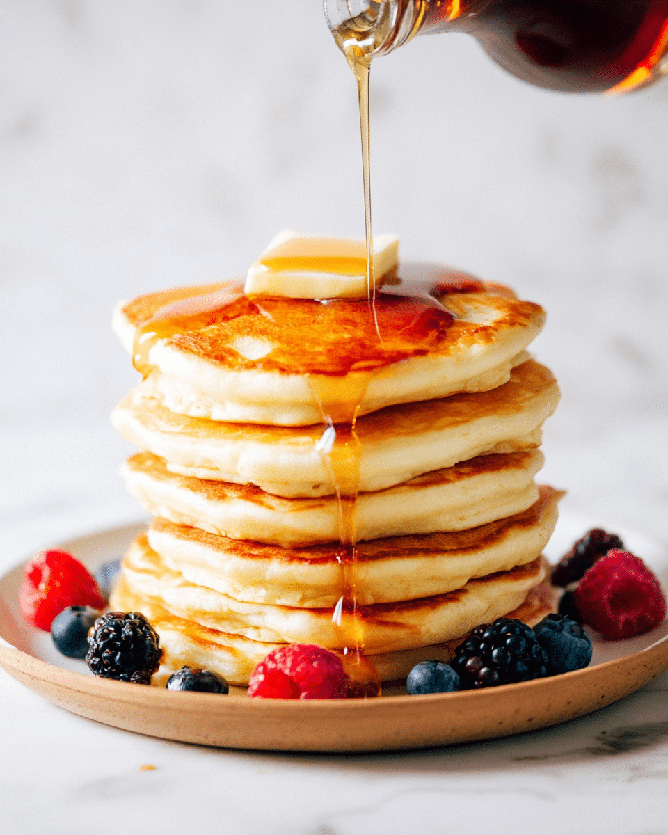 A stack of six thick, fluffy pancakes with light golden brown edges sits on a round white plate. A small square of butter rests on the top pancake, melting slightly. Amber syrup is pouring from a glass bottle held above, flowing down the sides of the pancakes in shiny streams. Around the base of the stack on the plate, there are fresh blueberries, raspberries, and blackberries scattered. The background shows a white marbled texture surface. photo taken with an iphone --ar 4:5 --v 7