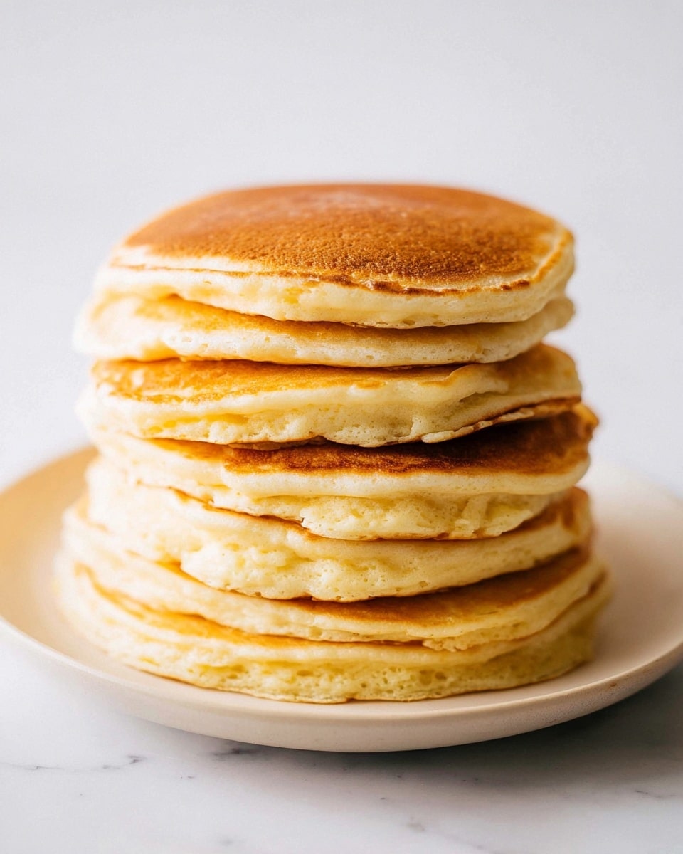 A stack of six thick, golden-brown pancakes sits on a white plate, each pancake showing a soft and fluffy texture with slight uneven edges, revealing their homemade nature. The pancakes are layered evenly with colors ranging from light tan to a deeper golden brown on the cooked surfaces. The background and surface have a clean, white marbled texture, making the pancakes stand out sharply. photo taken with an iphone --ar 4:5 --v 7