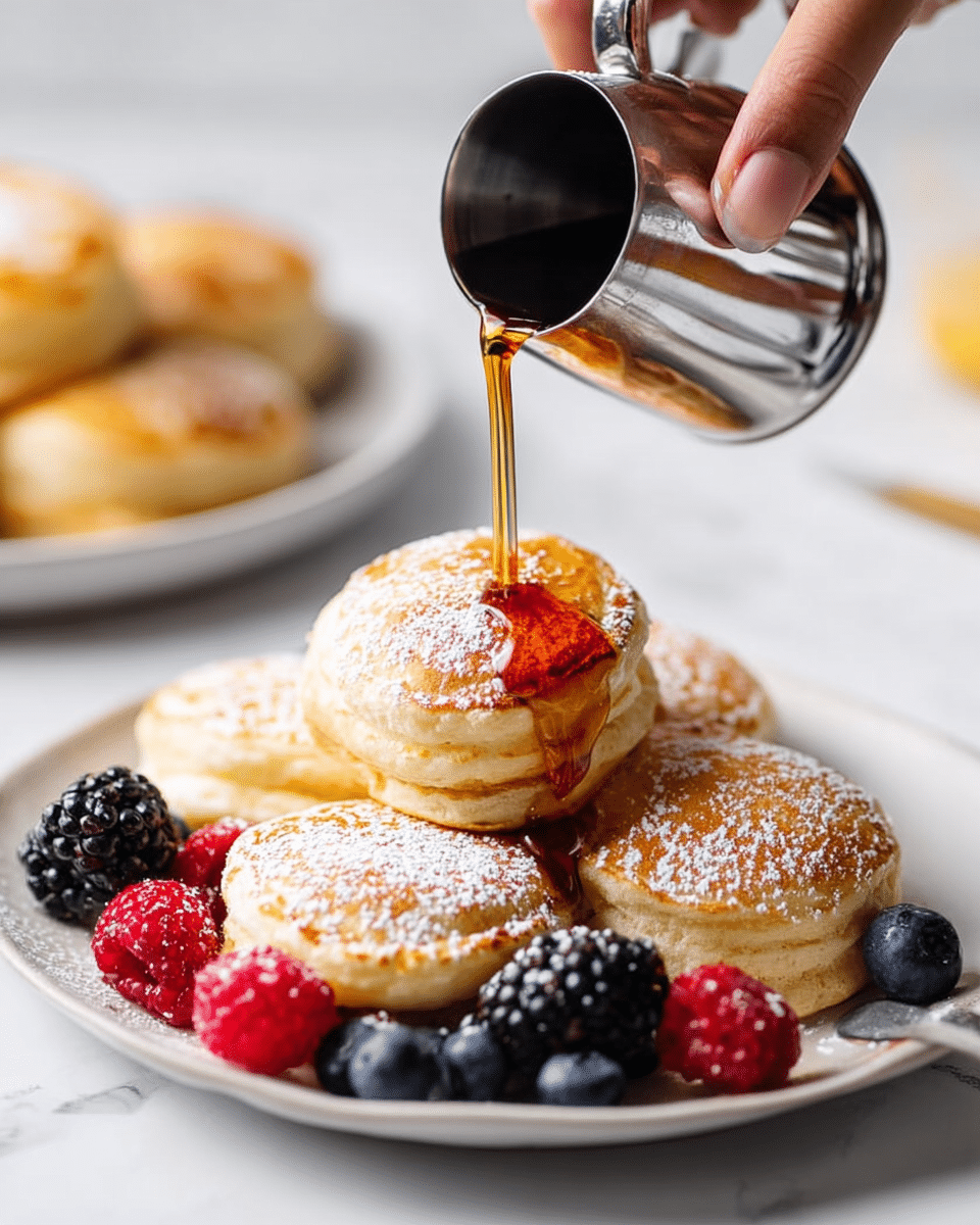 A white plate with six golden-brown round pancakes stacked closely, each pancake lightly dusted with powdered sugar showing a soft, fluffy texture. Dark syrup is being poured from a shiny metal container held by a woman's hand, flowing over the pancakes and pooling slightly on the plate. Around the pancakes, fresh berries including blackberries, blueberries, and raspberries add pops of dark purple, blue, and bright red colors. The plate sits on a white marbled surface, creating a clean, bright background with another plate of pancakes softly blurred in the distance. Photo taken with an iphone --ar 4:5 --v 7