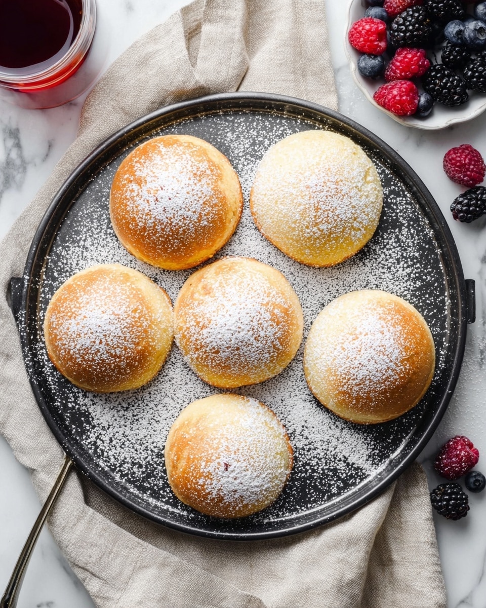 The image shows a round black baking tray with seven golden brown, dome-shaped pastries arranged evenly. Each pastry is dusted generously with white powdered sugar, creating a light snowy effect. The tray sits on a folded beige cloth over a white marbled surface. Near the top right, there are fresh blackberries, raspberries, and blueberries adding a splash of dark purple, red, and blue colors. At the top left, part of a clear cup filled with dark red tea is visible. Photo taken with an iphone --ar 4:5 --v 7