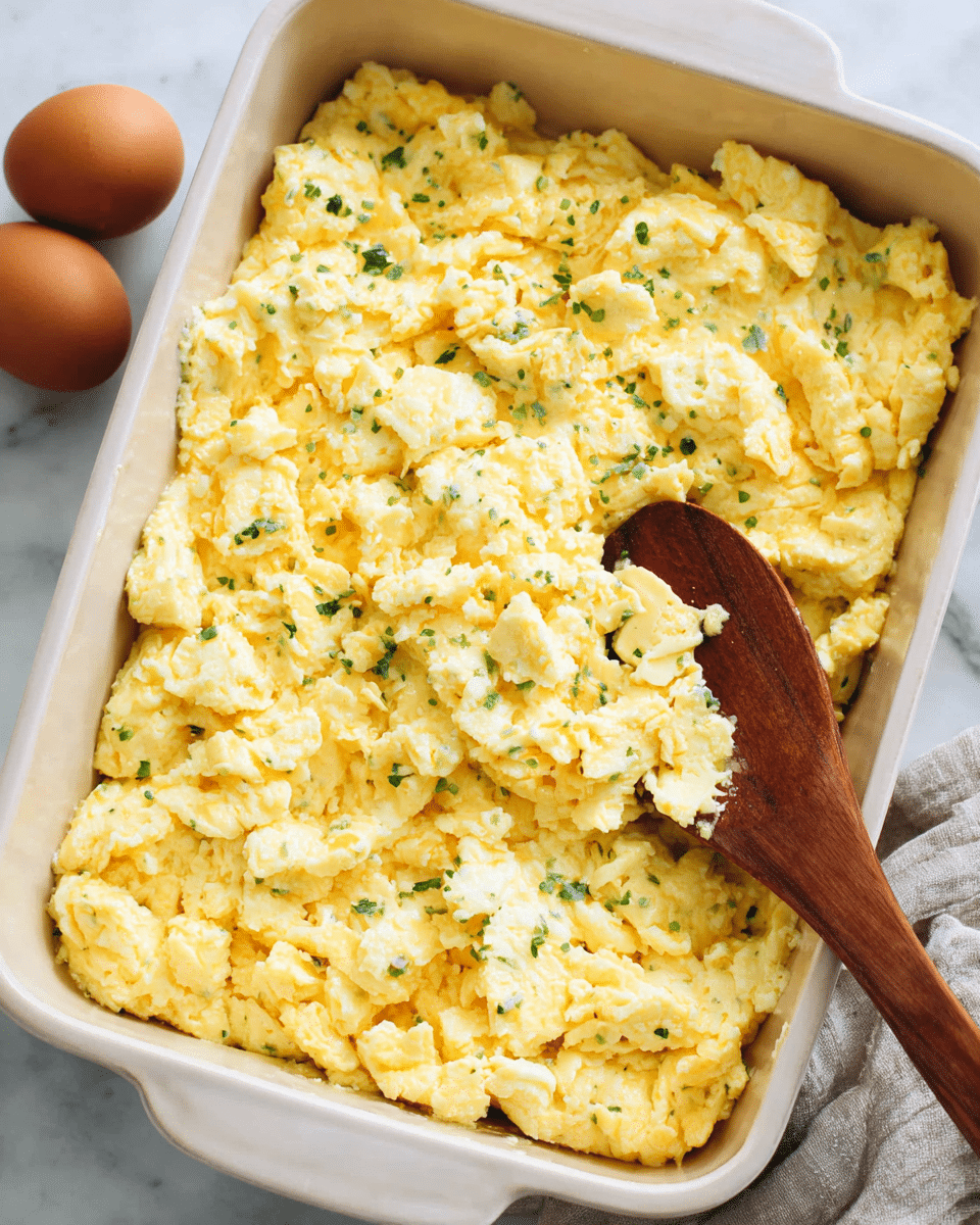 The image shows a large white baking dish filled with fluffy scrambled eggs that have a soft, slightly creamy texture with a pale yellow color. Small bits of green herbs are sprinkled evenly on top, adding a touch of color contrast. A wooden spoon is partially lifted, scooping up a portion of the eggs from the bottom right corner, showing a consistent texture throughout. The dish rests on a white marbled surface, with two brown eggs placed nearby for decoration. photo taken with an iphone --ar 4:5 --v 7