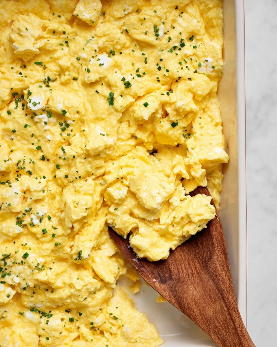 A close-up top view of a white baking dish filled with soft scrambled eggs that have a light yellow and fluffy texture, sprinkled with small bits of green herbs, and a wooden spatula scooping a part of the eggs from the right side, all set against a white marbled texture. Photo taken with an iphone --ar 4:5 --v 7