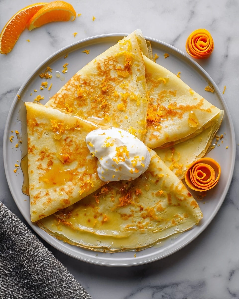 A white plate holds three thin crepes folded into triangles, each lightly golden with small bubbles and soft edges. The top crepe has a dollop of white cream near its center, and the surface of all crepes is covered with small orange zest pieces and a glossy syrup that pools slightly around them. To the left, a white curled orange peel garnish sits beside the crepes, and a silver fork is lifting one crepe piece showing its thin, soft, folded layers. The whole scene is set on a white marbled textured background. Photo taken with an iphone --ar 4:5 --v 7