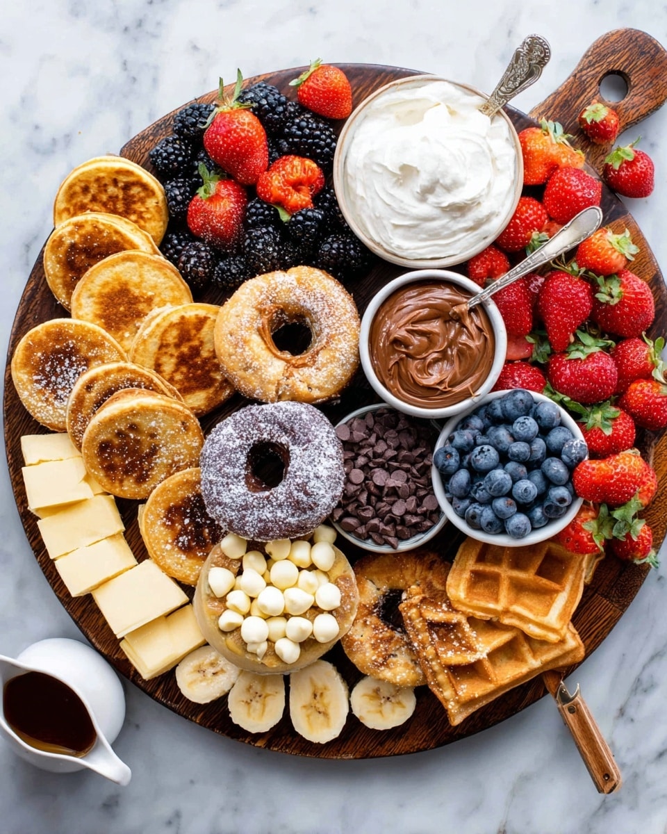 The image shows a wooden board on a white marbled surface filled with layers of food items. On the bottom left are two dark chocolate-covered waffles and one plain waffle, golden brown and crispy. Above the waffles, there are sliced fresh strawberries with green leaves, bright red and juicy. Next to the strawberries, there is a row of small golden brown pancakes lined up in a curve. On the right side and above the pancakes are clusters of blackberries, dark purple and glossy. Above the blackberries, a small white bowl with smooth, rich chocolate sauce sits with a spoon inside it. On the top left, there are two swirled bagels with a cream and purple blueberry swirl pattern. Scattered around the board are fresh raspberries, deep red and plump, as well as some blueberries. photo taken with an iphone --ar 4:5 --v 7