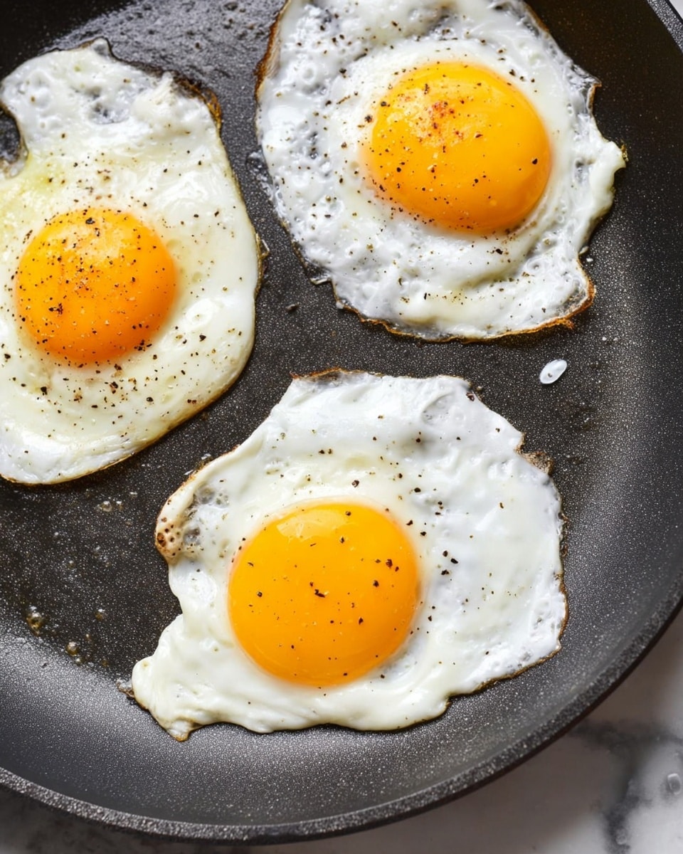 Three fried eggs with bright yellow yolks and white edges are cooking in a black non-stick pan. Each egg has a slightly irregular shape with some curled edges, and the egg whites are cooked but glossy with small bubbles and light browning spots around the edges. There is a light sprinkle of black pepper on each egg. The pan surface has a few shiny oil spots and heat marks visible. The background is a white marbled texture. Photo taken with an iphone --ar 4:5 --v 7