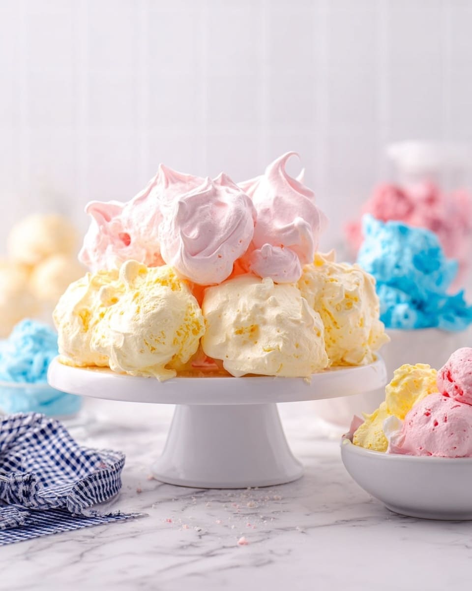 The image shows a white cake stand filled with two main layers of meringue piles; the front layer is light yellow with a rough, fluffy texture and some uneven shapes, while behind it are larger pink meringue clusters with a soft, airy look and pointed tops. To the right and partially behind the yellow meringues are smaller bright blue meringues with a few visible darker spots, adding color contrast. The setting includes a white marbled surface and a soft, bright background. A bowl with pink and yellow meringues sits on the lower right corner, and a checkered cloth is partly visible on the left side. Photo taken with an iphone --ar 4:5 --v 7
