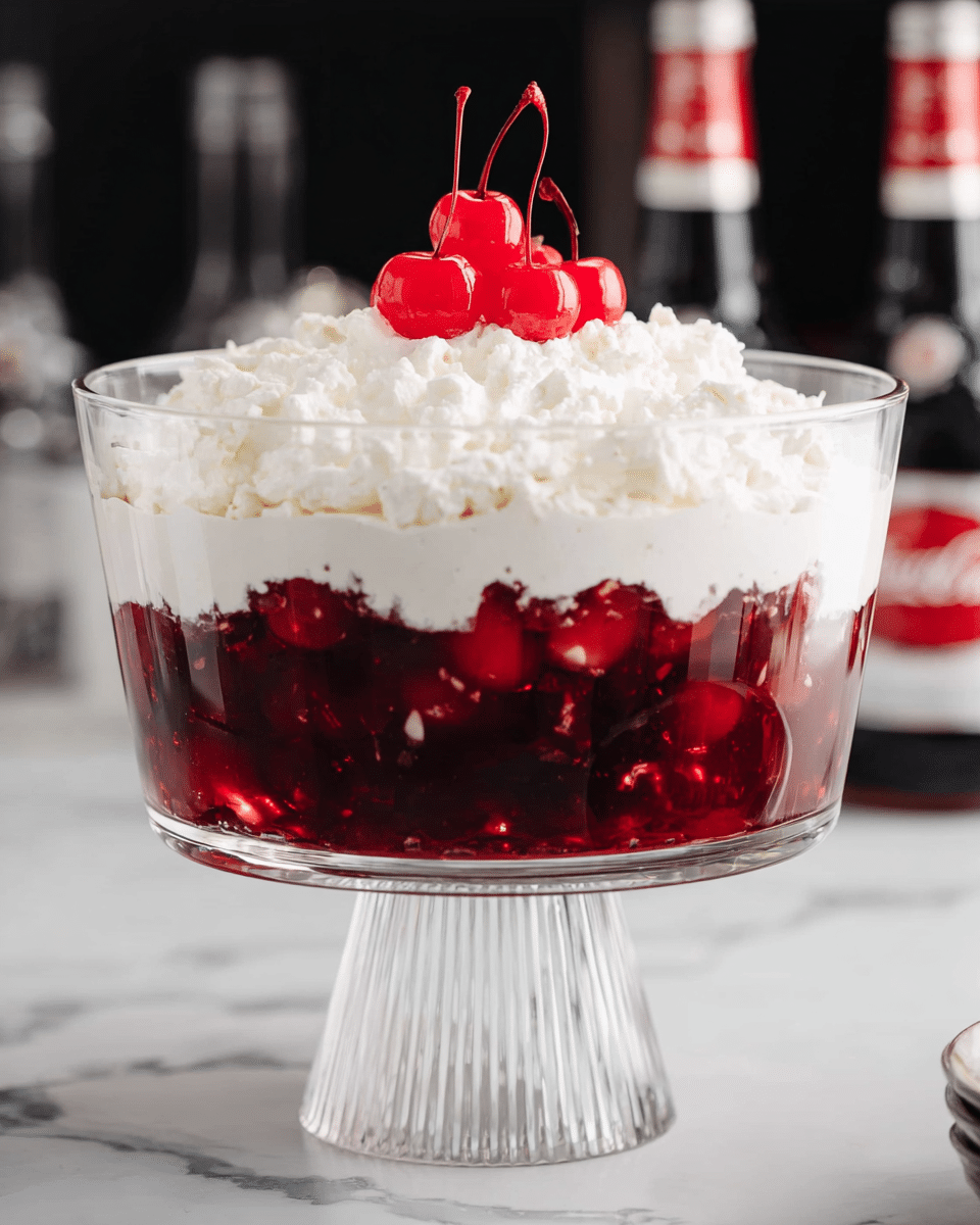 A clear glass trifle bowl stands on a ribbed pedestal filled with two layers: the bottom layer is a deep red, translucent gelatin with visible pieces of fruit or nuts suspended inside, while the top layer consists of a thick, fluffy, white whipped topping spread evenly over the gelatin. On top of this white layer, a small cluster of shiny, bright red cherries is placed in the center, with one cherry stem standing upright, adding a pop of color and detail. The bowl is set on a white marbled surface with blurred dark glass bottles in the background. photo taken with an iphone --ar 4:5 --v 7