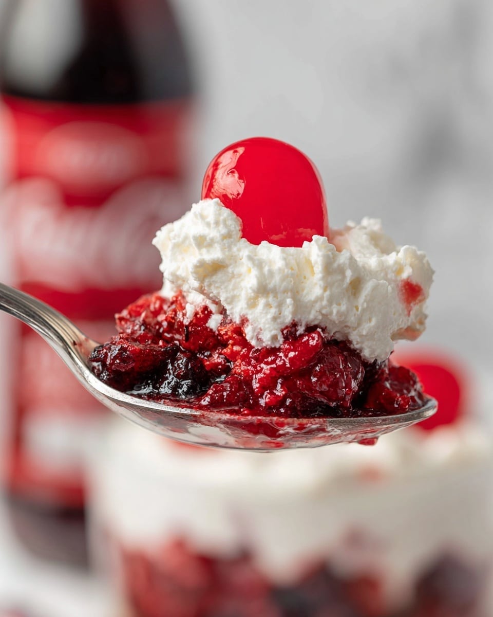 A close-up image of a spoon holding a layered dessert with three main layers: the bottom layer is a rich, dark red berry mix with a chunky, juicy texture, the middle layer is smooth, white whipped cream spread thickly across the top of the berries, and the uppermost layer is a shiny, bright red cherry sitting on the whipped cream, all against a background with a blurred white marbled texture and a bottle with red labeling. photo taken with an iphone --ar 4:5 --v 7