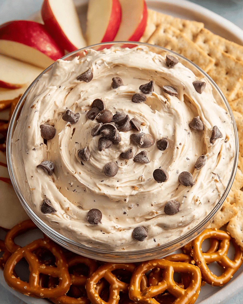 A clear glass bowl filled with creamy, light beige dip that has a smooth, whipped texture with small, scattered dark brown chocolate chips throughout. The top surface is swirled gently with some chocolate chips sitting on top for decoration. The bowl sits on a white marbled tray surrounded by an assortment of snacks including red apple slices with a glossy skin, golden brown pretzels with a twisted shape, and light tan square crackers with a rough texture. Photo taken with an iphone --ar 4:5 --v 7