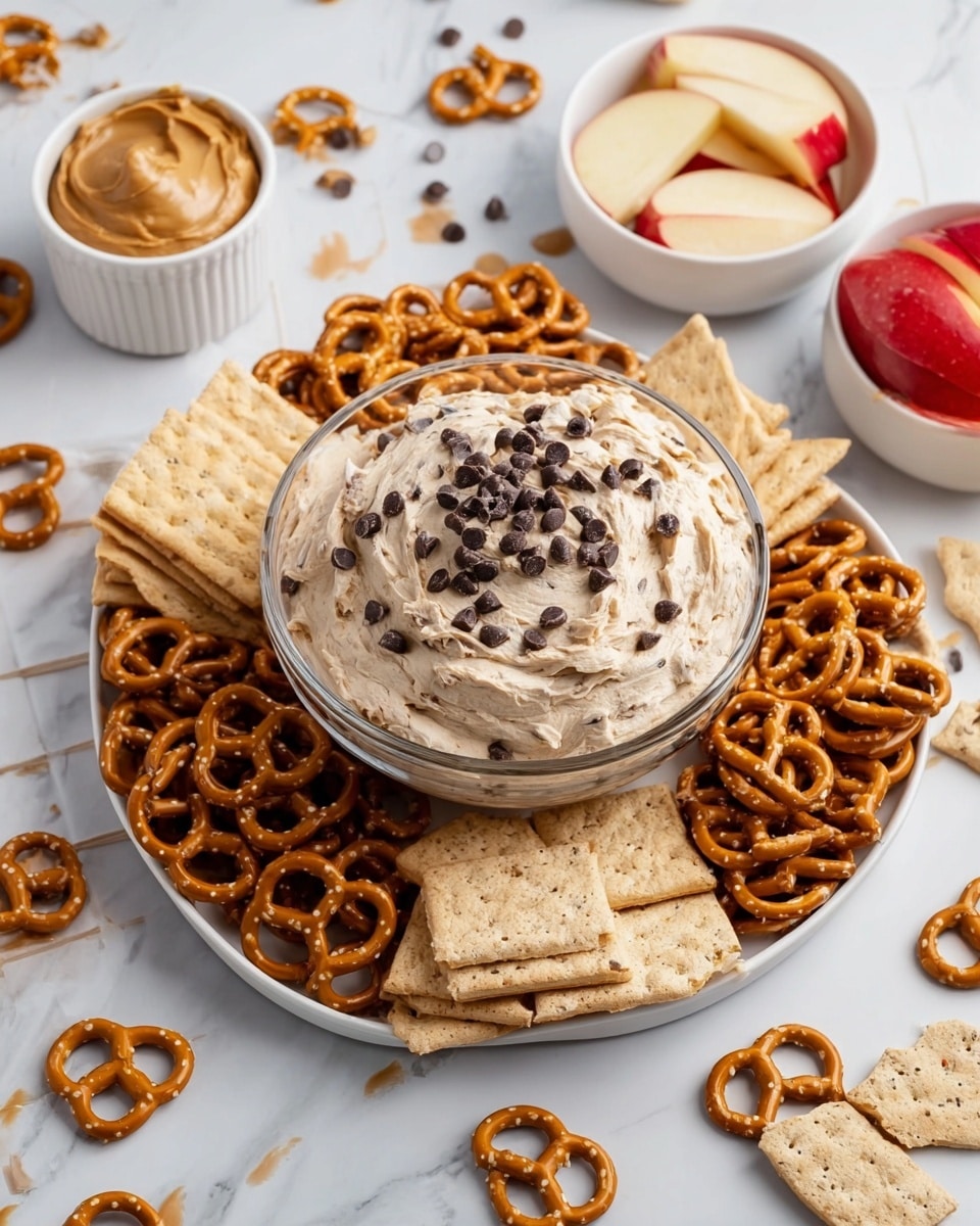 A large clear glass bowl in the center is filled with a thick, creamy light brown dip mixed with small dark chocolate chips, with some chocolate chips scattered on top. This bowl sits on a white oval plate surrounded by layers of golden tan rectangular graham crackers and twisted golden brown pretzels arranged in piles on both sides. Around the main plate are small white bowls; one filled with smooth peanut butter, another holding many pretzels, and a third containing sliced red apple wedges, all set on a white marbled surface with more pretzels and graham crackers scattered nearby. Photo taken with an iphone --ar 4:5 --v 7