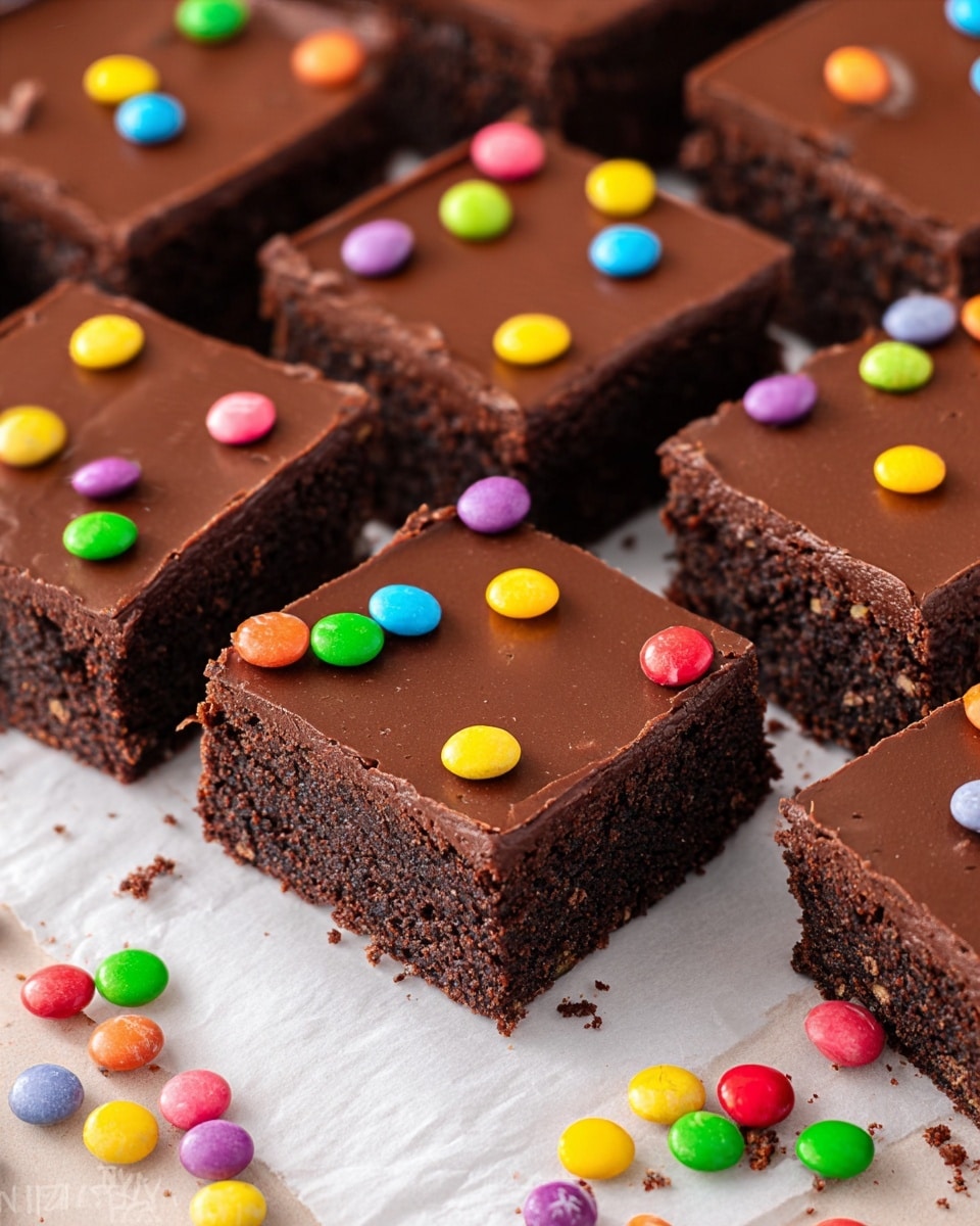 The image shows a close-up of nine square chocolate brownies arranged closely together on a white marbled surface covered with white parchment paper. Each brownie has two visible layers: a thick, dense dark brown base with a slightly crumbly texture, and a smooth, shiny dark chocolate frosting layer on top. Scattered across the frosted tops are small, round colorful candy pieces in bright colors including red, yellow, green, blue, orange, purple, and pink, adding a playful contrast. Some candy pieces have also spilled onto the parchment paper around the brownies. Photo taken with an iphone --ar 4:5 --v 7