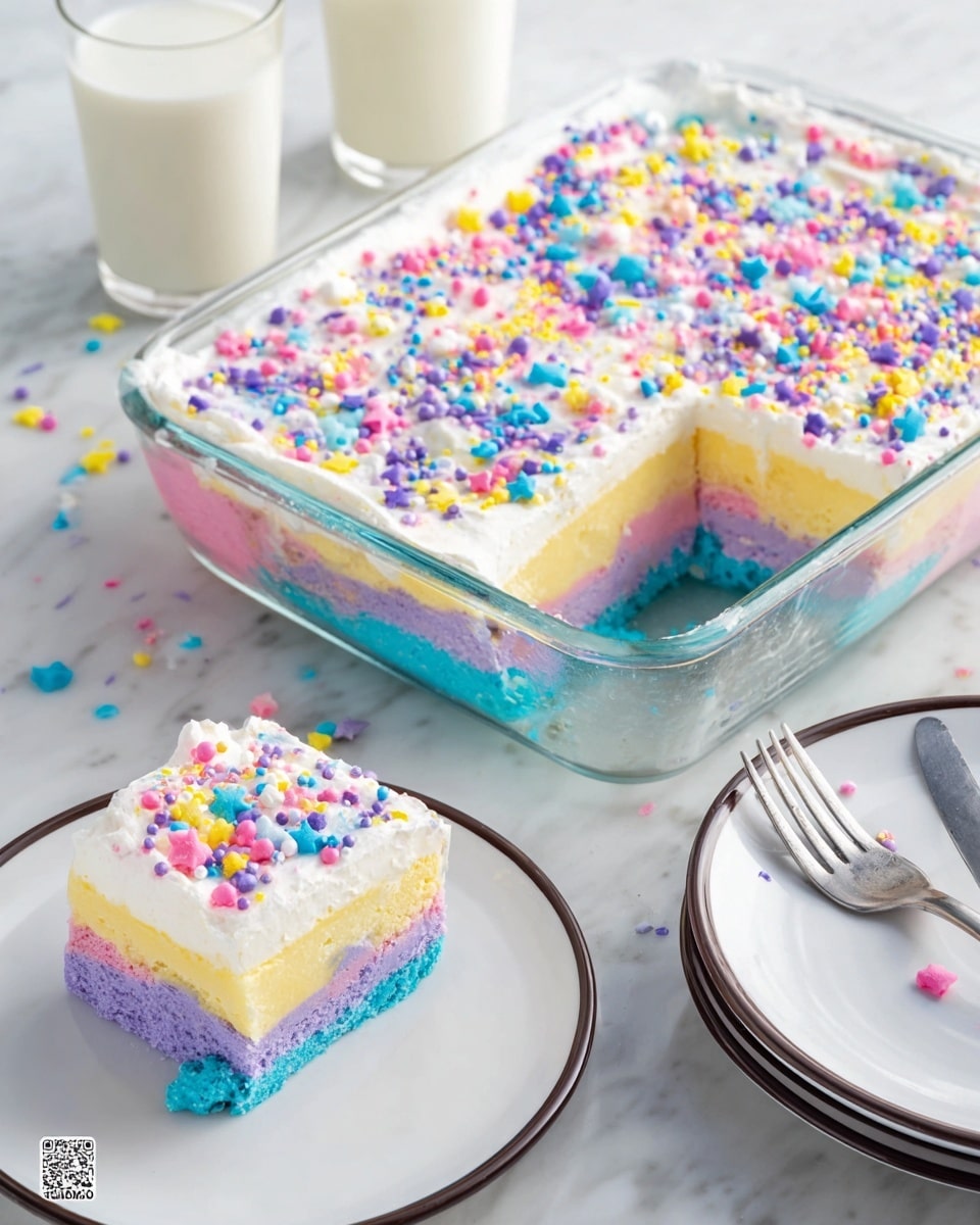 This image shows a colorful layered cake in a clear glass baking dish on a white marbled surface. The cake has four layers: the bottom layer is bright blue, the next layer is purple, followed by a light pink layer, and topped with a pale yellow custard layer. Above the custard is a thick, smooth white whipped cream layer, covered with colorful sprinkles in pink, blue, purple, and yellow shapes. A square piece is cut out of the dish, with the slice placed on a white plate with a thin dark rim, stacked on three other plates in the background. Two glasses of milk sit nearby, adding to the scene. The photo taken with an iphone --ar 4:5 --v 7