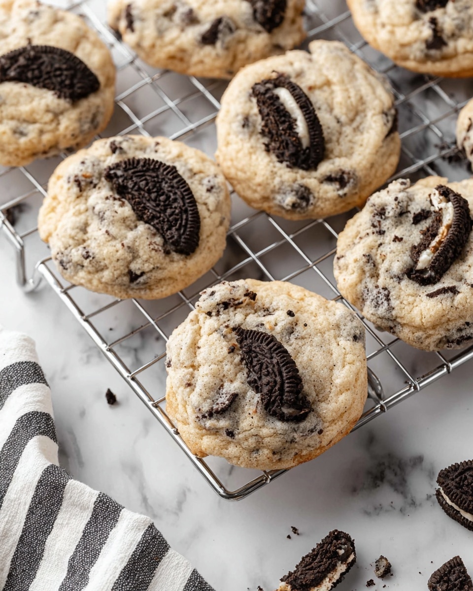 The image shows several cookies with a light beige base color speckled with dark chunks of Oreo cookies, placed on a metal cooling rack. Each cookie has about two layers: the sandy-textured cookie dough base mixed with black and white Oreo bits, and visible larger chunks of Oreo cookies embedded or on top, showing broken pieces with the recognizable Oreo pattern and cream filling. The cookies have slightly browned edges that add a crispy look. Below the rack is a white marbled surface with some broken Oreo pieces scattered near the bottom right. A part of a white cloth with black stripes is visible in the lower left corner. photo taken with an iphone --ar 4:5 --v 7