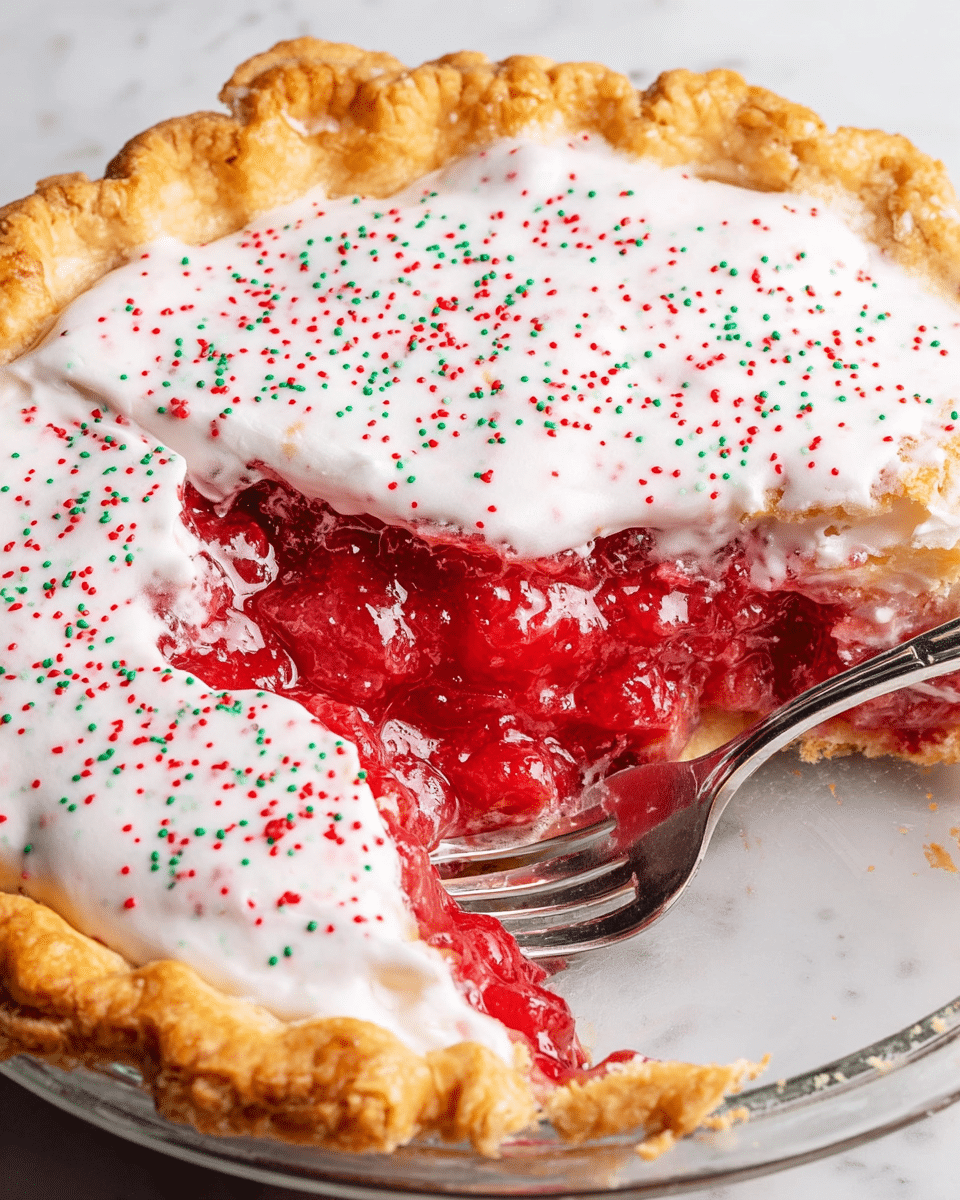 A partially eaten pie with three visible layers: a golden-brown flaky crust on the edges, a thick bright red fruit filling with a glossy, chunky texture in the middle, and a smooth white icing layer on top sprinkled with small red and green sugar crystals, covering the entire surface except for the cut-out section. The pie is in a clear glass pie dish, resting on a white marbled texture surface. A silver fork is scooping a piece from the cut-out section, showing the contrast between the shiny filling and matte icing. photo taken with an iphone --ar 4:5 --v 7