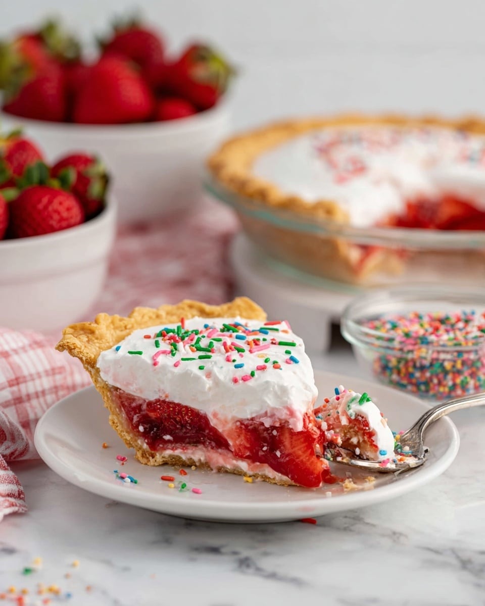 A slice of strawberry pie sits on a white plate on a white marbled surface. The pie has three visible layers: a golden-brown, flaky crust on the bottom and edges, a thick, bright red filling made from fresh strawberries in the middle, and a smooth white topping with colorful red, green, and pink sprinkles scattered on top. A fork rests on the plate holding a bite-sized piece of pie, showing the same layers. In the background, there is a white bowl filled with whole and halved strawberries, a whole pie with similar topping in a clear glass dish, and a small clear bowl of colorful sprinkles. Photo taken with an iphone --ar 4:5 --v 7