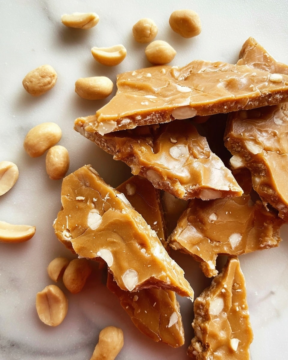 The image shows a close-up of broken pieces of peanut brittle laid out on a white marbled surface. The peanut brittle is light brown with visible small white peanut bits embedded and scattered throughout each chunk. The pieces vary in size and thickness, revealing a crunchy texture with some rough edges. Around the brittle, there are whole, peeled peanuts placed loosely, their pale off-white color contrasting with the golden brown brittle pieces. photo taken with an iphone --ar 4:5 --v 7