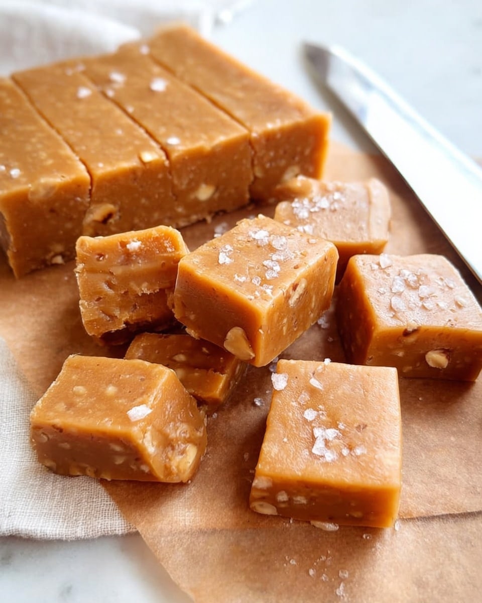 A close-up view of soft caramel fudge blocks placed on a light brown parchment paper over a white marbled surface. The fudge is cut into small squares and rectangles with a smooth, slightly shiny texture, showing tiny bits of nuts embedded inside. The color of the fudge is a warm golden brown with some white salt flakes sprinkled on top, adding a bit of texture and visual contrast. In the background, part of a white cloth and a knife with a silver blade are visible, resting near the fudge. photo taken with an iphone --ar 4:5 --v 7