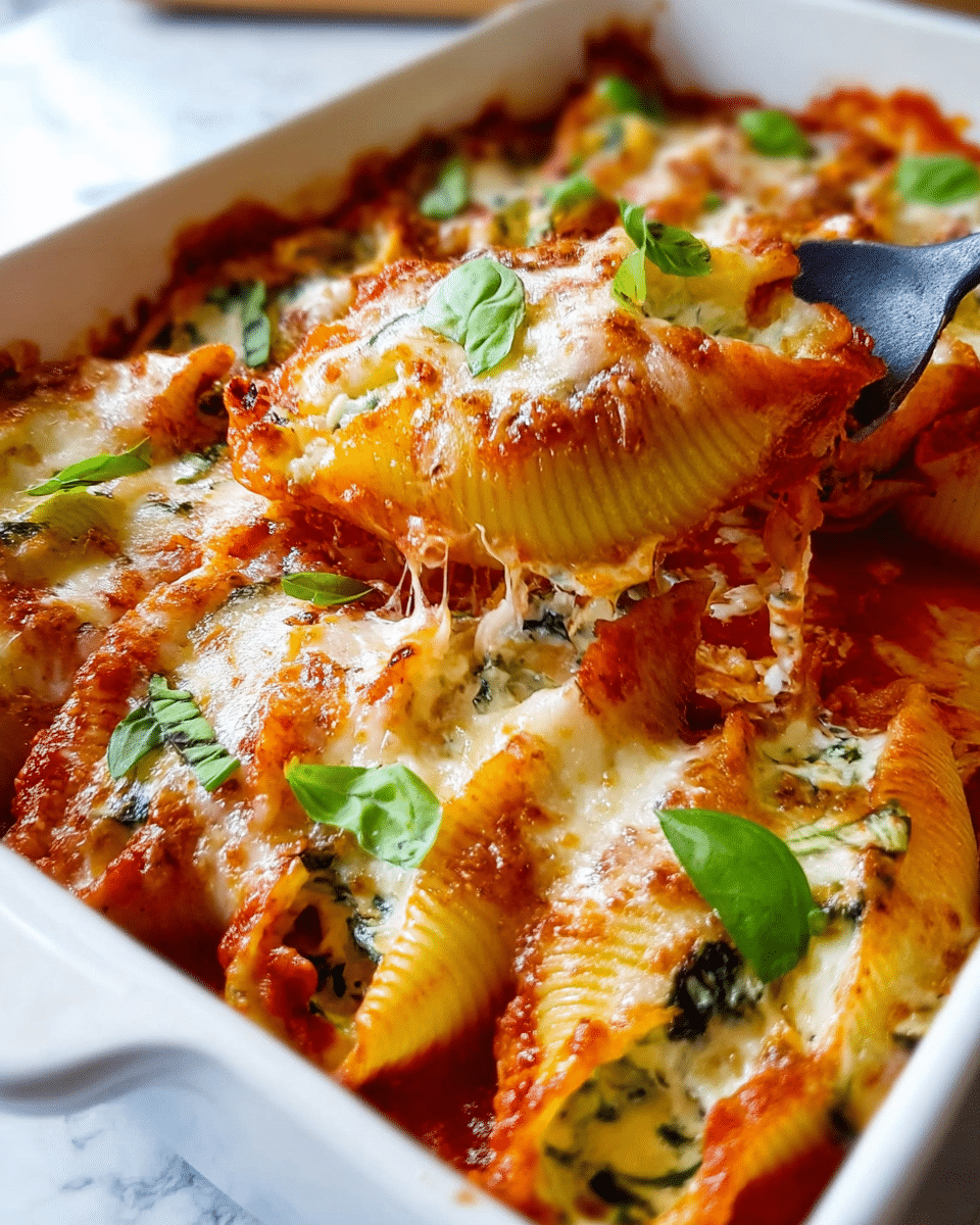 A close-up view of stuffed pasta shells layered with melted, golden-brown cheese and rich red tomato sauce in a white baking dish. The pasta shells are filled with a creamy mixture, visible where one shell is lifted with a dark spoon, showing gooey strands of cheese stretching. Bright green fresh basil leaves are scattered on top, adding a touch of color and freshness. The white baking dish rests on a white marbled surface, giving the image a clean and bright look. photo taken with an iphone --ar 4:5 --v 7