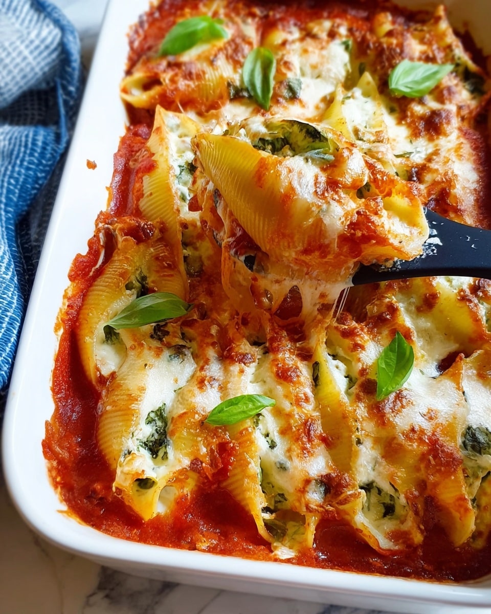 The image shows a white rectangular baking dish filled with baked pasta shells layered with red tomato sauce, melted golden and white cheese, and green basil leaves scattered on top. The pasta shells are stuffed, and the cheese appears bubbly and slightly browned in some spots, with the sauce peeking around the edges. A black spoon lifts a few pasta shells, showing their creamy filling and cheese stretching with it. The dish sits on a white marbled surface with a blue and white towel visible in the background. Photo taken with an iphone --ar 4:5 --v 7