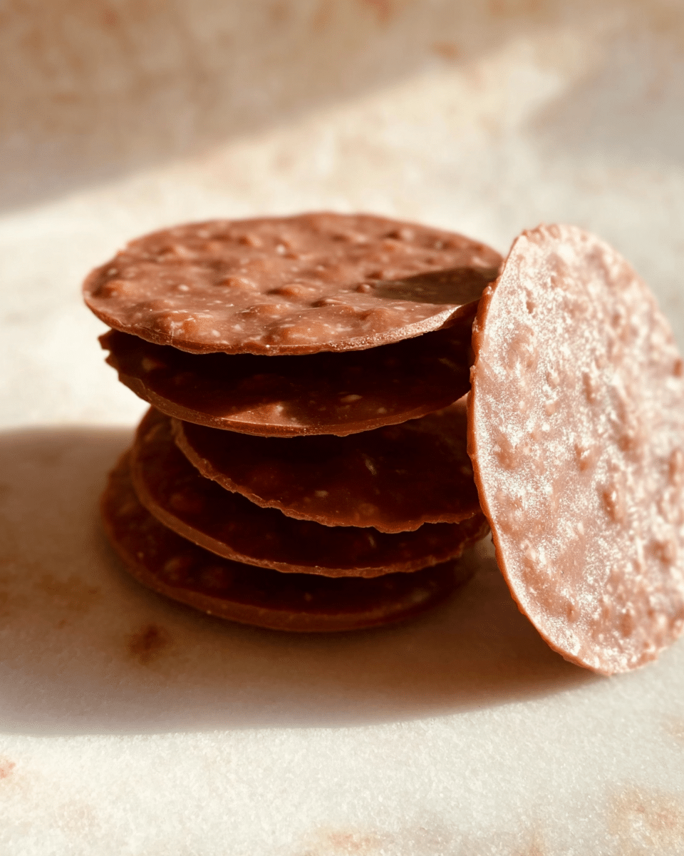 A stack of five round, thin, brown chocolate discs with visible small nut pieces creates a textured surface. The discs show slight unevenness at the edges and vary gently in thickness. One disc leans against the stack on the right side, showing its shiny, slightly rough texture clearly. The group sits on a white marbled surface with soft, natural light gently highlighting the smooth and nutty textures of the chocolate discs. photo taken with an iphone --ar 4:5 --v 7