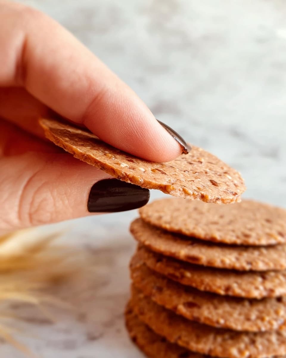 A close-up image shows a woman's hand with black nail polish holding a thin, round, textured brown cookie with visible small seeds or grains. In the background, more of these cookies are stacked, all resting on a white marbled surface. The cookies have a slightly rough texture and a light to medium brown color. Photo taken with an iphone --ar 4:5 --v 7