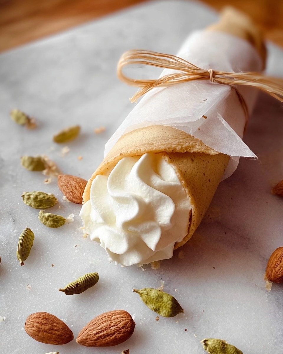 A soft, light brown rolled pastry partially wrapped in white parchment paper tied with a thin tan string, showing whipped white cream filling peeking out from the open end with a smooth, fluffy texture and slight swirls, set on white marbled surface with scattered green cardamom pods and blanched almonds nearby, warm natural lighting highlights the soft texture of the pastry. photo taken with an iphone --ar 4:5 --v 7