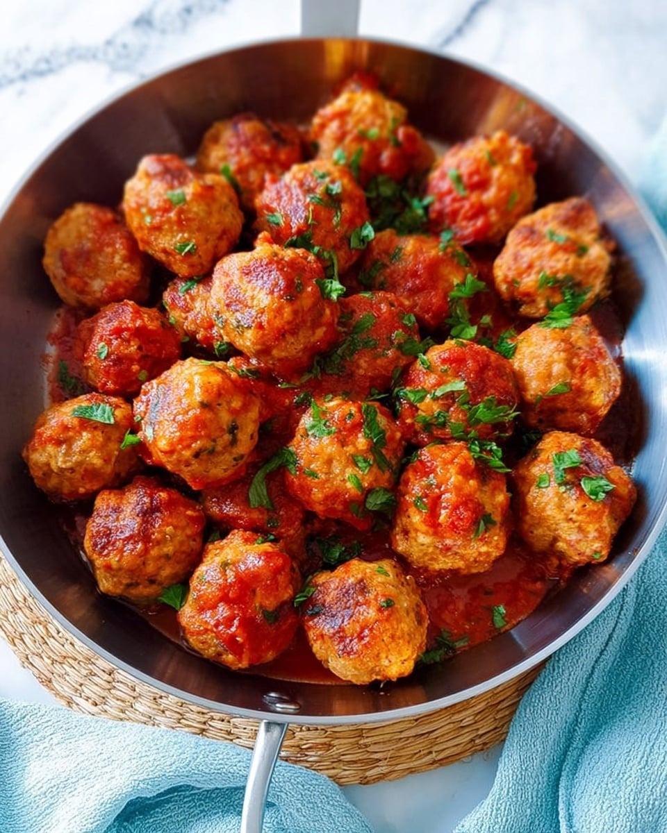 The image shows a metal pan filled with many small round meatballs covered in sauce. The meatballs are golden brown with spots of red tomato sauce, and chopped green herbs are sprinkled on top. The pan rests on a round woven mat, placed on a white marbled surface, and a light blue cloth is partially visible behind the pan. The textures include the shiny smooth pan, the slightly rough surface of the meatballs, and the fresh, leafy herbs. Photo taken with an iphone --ar 4:5 --v 7