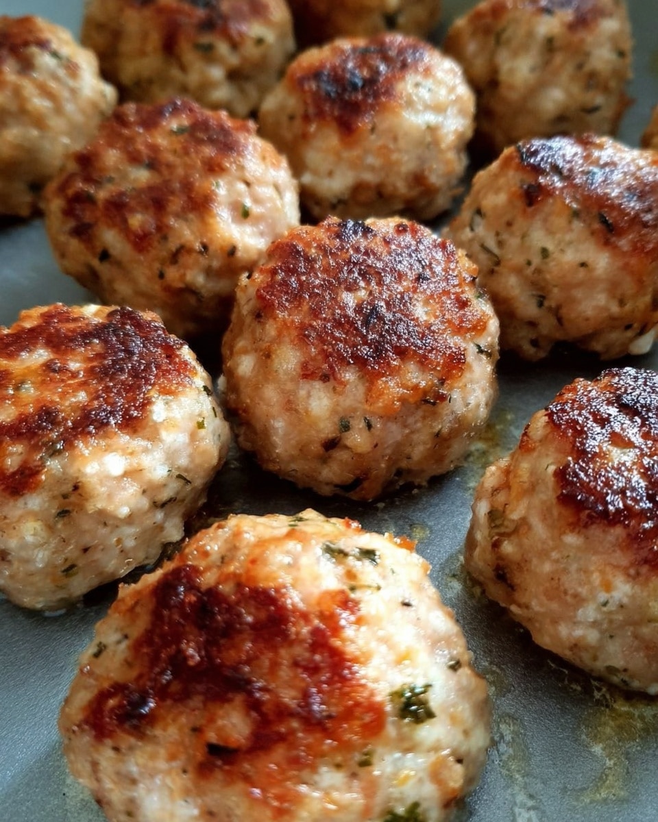 The image shows several round, golden-brown meatballs with a slightly crispy texture on top. Each meatball has a light beige color with specks of herbs and seasoning visible throughout. They are placed closely together on a grey baking sheet. The surface around the meatballs shows a slightly greasy sheen from cooking. photo taken with an iphone --ar 4:5 --v 7