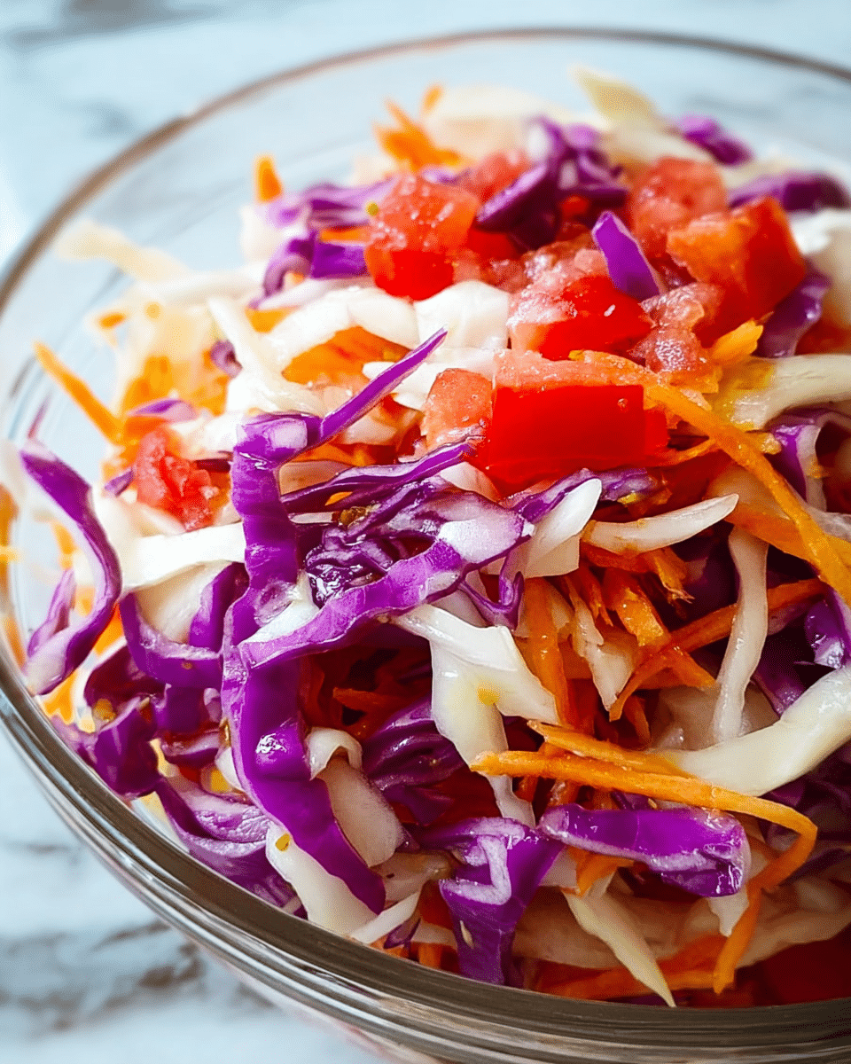 A close-up view of a fresh salad inside a clear glass bowl, filled with layers of thinly sliced vegetables. There are bright purple strips of cabbage, white cabbage pieces with smooth edges, and small chunks of vibrant red tomatoes scattered throughout. Thin strands of orange carrot are mixed in, adding a rough texture and a pop of color to the dish. The vegetables look fresh, crisp, and slightly shiny, giving the salad a juicy appearance. The bowl sits on a white marbled surface, and the image captures the vibrant colors and textures in natural light. photo taken with an iphone --ar 4:5 --v 7