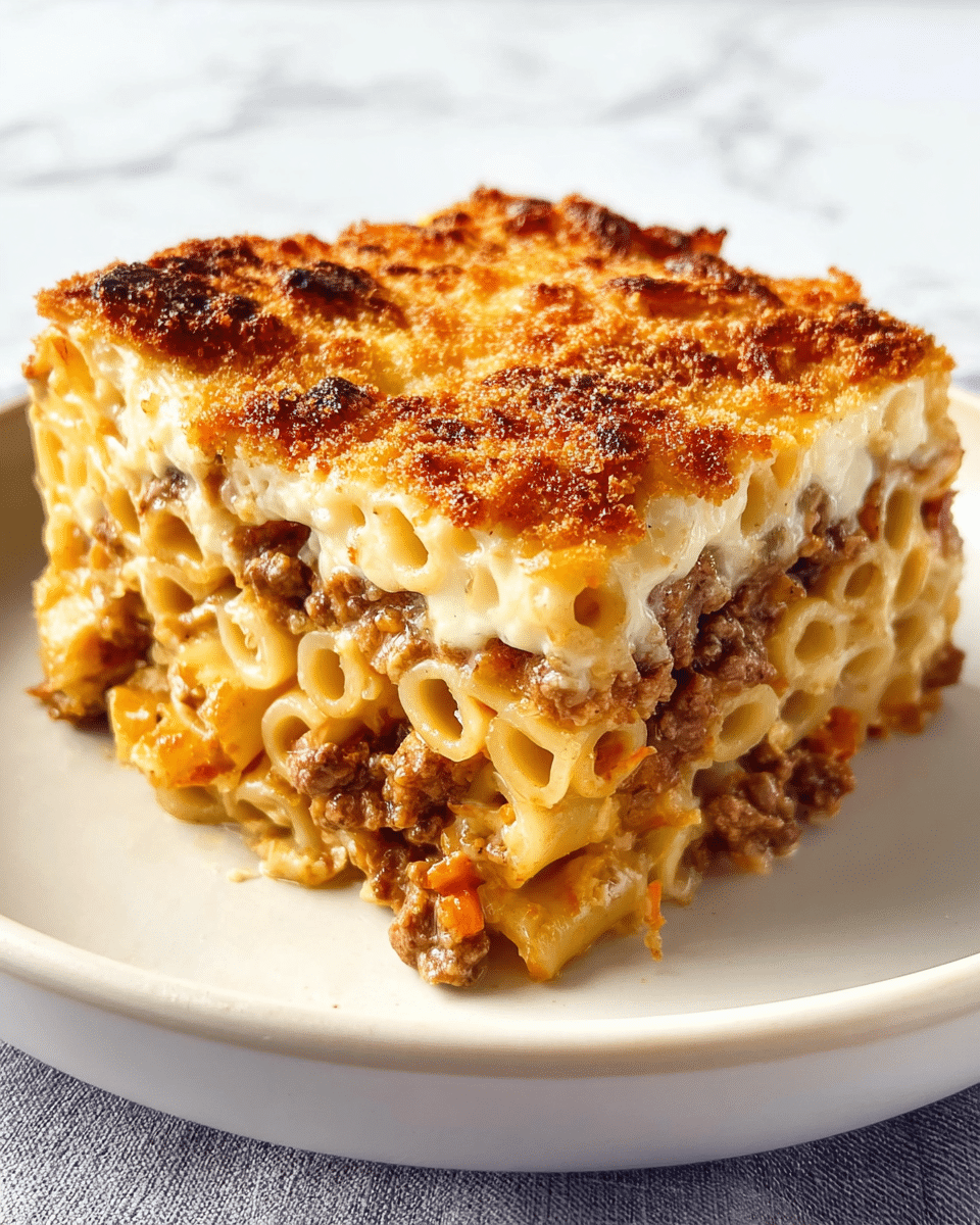 A thick, square piece of baked pasta sits on a simple white plate with a white marbled background. The dish has about three main layers: the bottom layer shows tightly packed, pale yellow pasta tubes mixed with browned ground meat and small bits of orange carrot, all coated in a rich, brown sauce. Above that is a smooth, creamy white sauce layer that is thick and cheesy. The top layer is golden brown with a slightly crispy texture and bubbled breadcrumbs, giving a crunchy look. The edges are slightly crisped and the entire piece looks soft inside but firm on top. Photo taken with an iphone --ar 4:5 --v 7