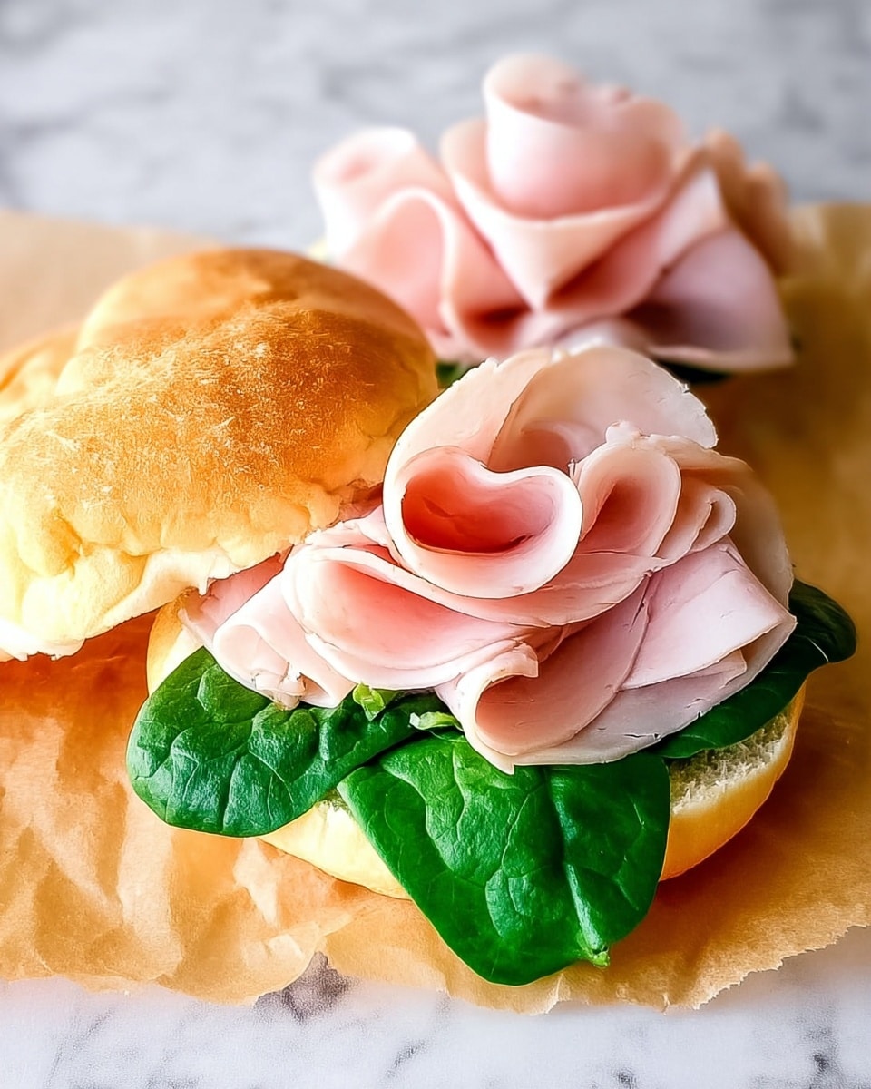 The image shows a sandwich open-faced on a piece of parchment paper over a white marbled surface, with the top bun to the left. The bottom layer is a soft, slightly yellow bun, topped with dark green fresh spinach leaves. On top of the spinach are several thin, light pink slices of turkey folded loosely, creating soft folds and texture. The sandwich is next to a cluster of light pink turkey slices also loosely folded on the parchment. The top bun is golden brown with a slightly shiny, fluffy texture. photo taken with an iphone --ar 4:5 --v 7