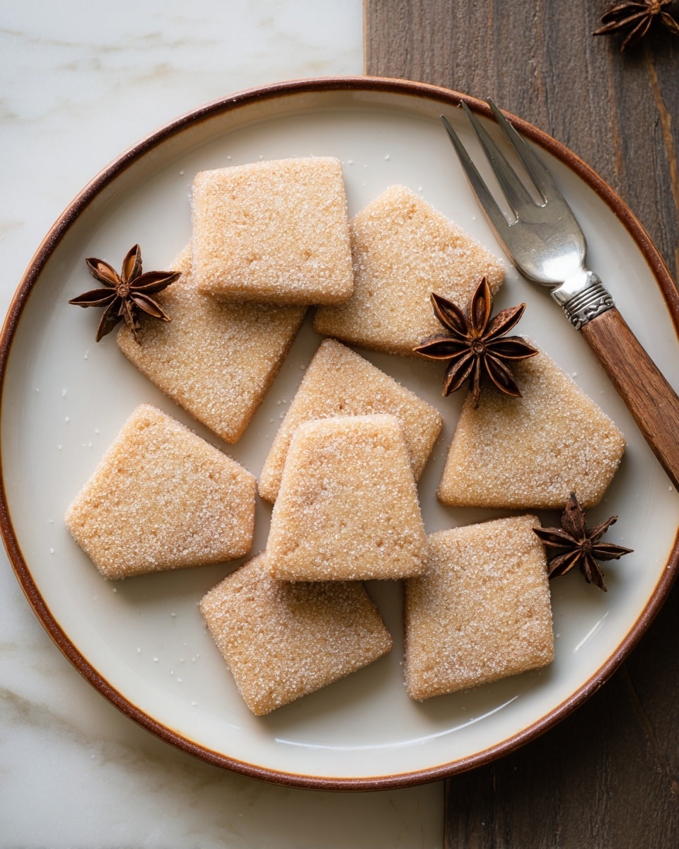 A round white plate with a brown rim holds nine diamond-shaped cookies arranged neatly, each coated with a light layer of granulated sugar giving a sandy texture. The cookies have a soft tan color and smooth edges, with two star anise placed on the plate as decoration. A small silver fork with a wooden handle rests on the upper right side of the plate. The scene is set on a white marbled texture surface. photo taken with an iphone --ar 4:5 --v 7