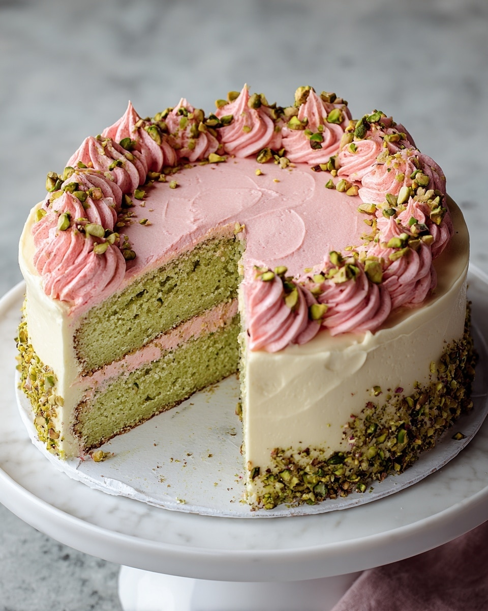 A two-layer cake with pale green sponge inside and light pink frosting between the layers. The outside of the cake is covered with light cream-colored frosting, smooth in texture. The top surface has a thicker layer of pink frosting spread evenly, decorated with pink frosting dollops arranged around the edge. Crushed pistachios and whole pistachio pieces are sprinkled over the top, filling the space between the dollops and the center. The cake sits on a white cake board placed on a white cake stand with a white marbled textured background beneath. A slice is cut out, showing the inside clearly. Photo taken with an iphone --ar 4:5 --v 7