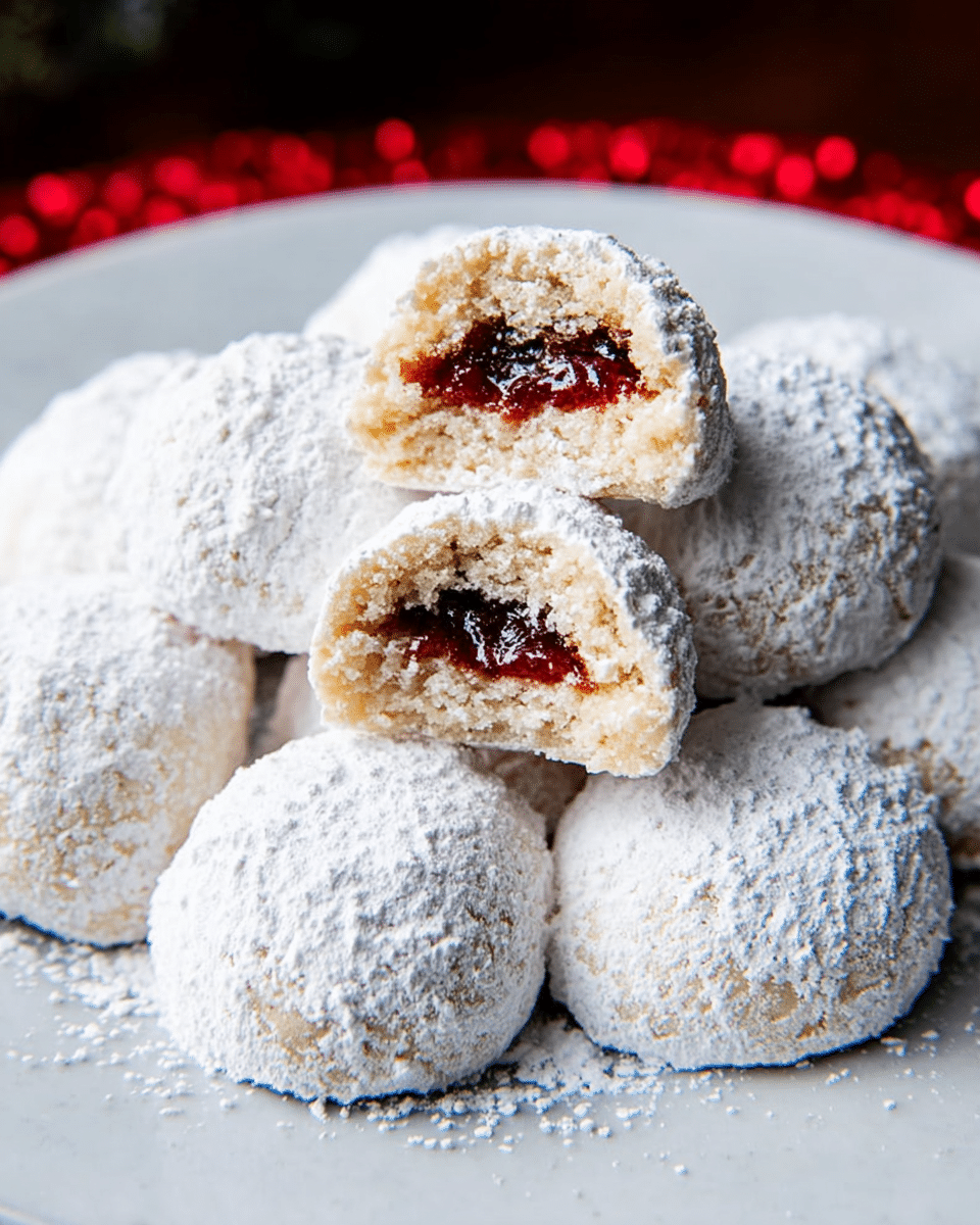 A white plate holds a pile of round cookies dusted heavily with white powdered sugar, giving them a soft, snowy look. One cookie at the top is broken in half, showing a dark red jam filling inside with a smooth, slightly sticky texture, surrounded by layers of crumbly, pale beige dough. The cookies' surface is rough because of the powdered sugar, and they are placed on a white marbled surface with a few sprinkled sugar granules around them, highlighting their sweetness. Photo taken with an iphone --ar 4:5 --v 7