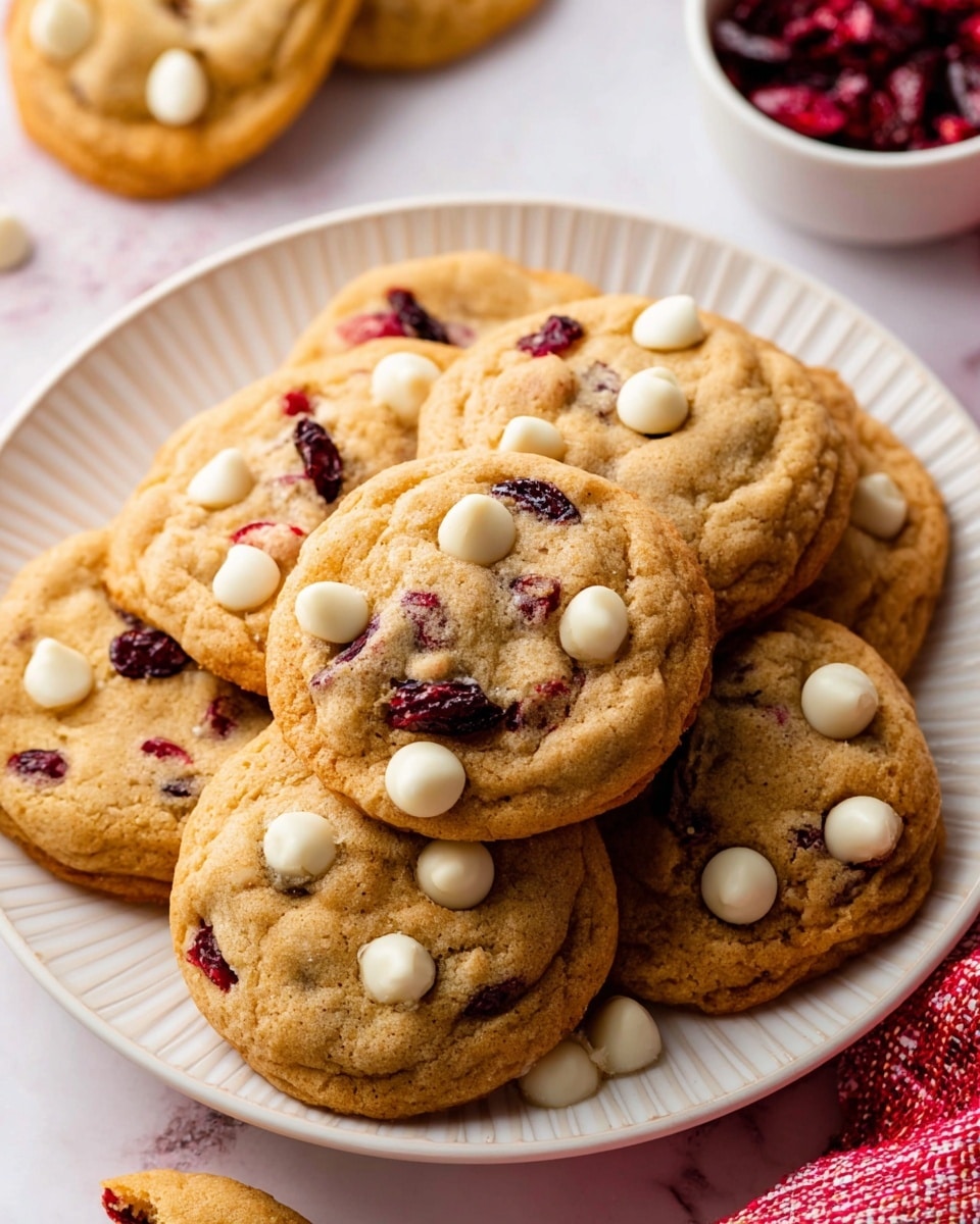 A close-up view of multiple golden-brown cookies stacked on a white plate with light ridges, each cookie showing a soft, bumpy texture embedded with dark red dried cranberries and smooth, round white chocolate chips spread evenly on top. The cookies appear thick and slightly chewy with a few cracks, and one cookie is partially eaten, exposing its moist inside. The plate sits on a white marbled surface with a small white bowl of extra dried cranberries in the top right corner and a red and white checked cloth partially visible at the bottom right corner. Photo taken with an iphone --ar 4:5 --v 7