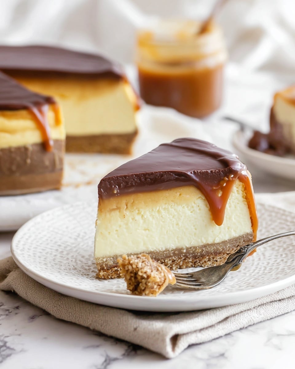 A slice of cheesecake is shown on a white plate with a textured rim, placed on a beige cloth over a white marbled surface. The cheesecake has three layers: a light brown crumbly bottom crust, a thick creamy pale yellow middle layer, and a smooth dark brown chocolate layer on top with a glossy caramel glaze slightly dripping down the side. Next to the slice is a silver spoon holding a forkful piece with all layers visible. In the blurred background, there is a full cheesecake and a glass jar with a caramel sauce inside. photo taken with an iphone --ar 4:5 --v 7