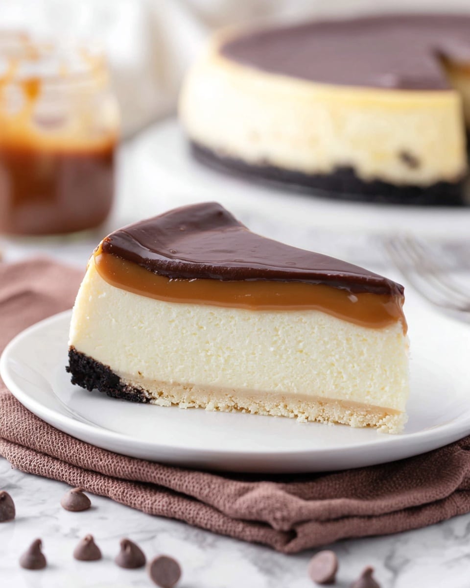 A slice of cheesecake on a white plate shows three clear layers: a bottom thin pale yellow crust, a thick middle pale creamy textured cheesecake layer, and a top smooth dark chocolate layer with a thin caramel strip right below it. The plate rests on a soft brown cloth on a white marbled surface, with some chocolate chips scattered nearby. In the background, there is a blurred view of the rest of the cheesecake and some small jars, one containing caramel sauce. photo taken with an iphone --ar 4:5 --v 7