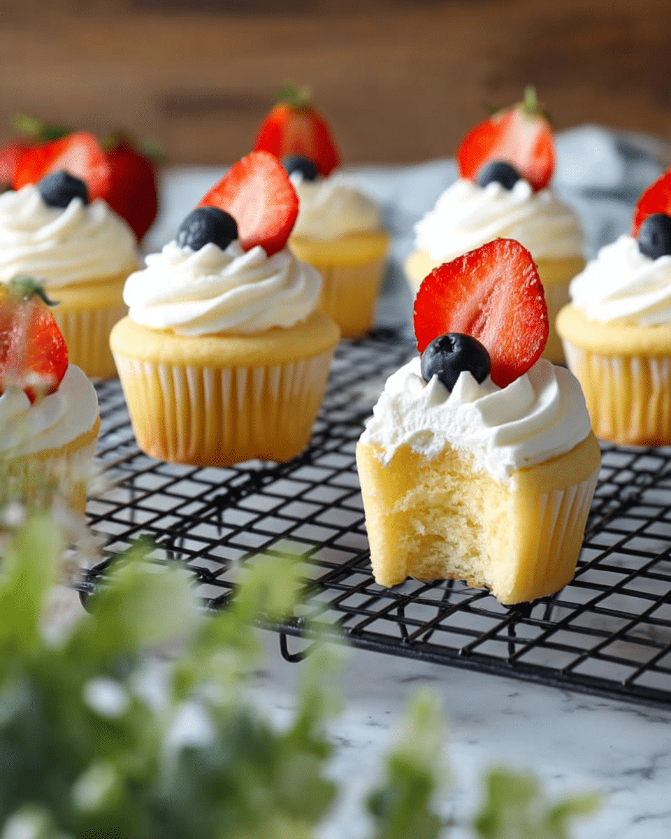 The image shows six light yellow cupcakes on a black wire rack over a white marbled texture. Each cupcake has one thick layer of soft cake topped with a swirl of white whipped cream. On top of the cream, there is a slice of bright red strawberry and one small blue blueberry placed beside it. One cupcake in the front has a bite taken out, showing the moist inside and cream layer clearly. There is some green blurry plant visible in the front left corner. photo taken with an iphone --ar 4:5 --v 7