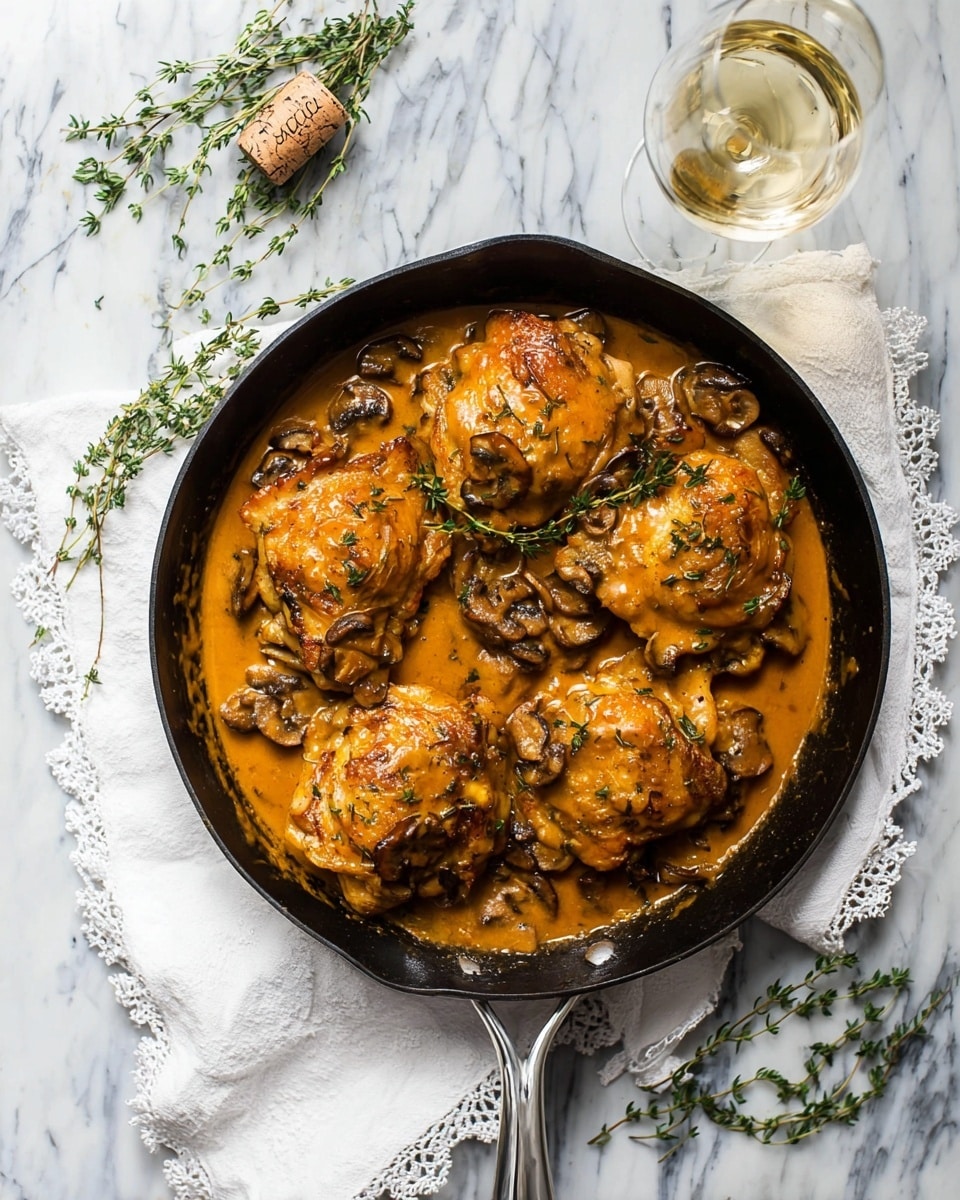 The image shows a close-up view of five browned chicken thighs in a black pan, covered with a rich, creamy orange-brown sauce. The chicken has a crispy skin with a golden-brown color. Scattered around and on top of the chicken pieces are cooked sliced mushrooms that have turned dark brown and soft. There are a few sprigs of fresh green thyme resting on top of the chicken as garnish. The sauce looks thick and coats the chicken and mushrooms well, pooling slightly in the pan's bottom. The pan sits on a white marbled surface visible near the edge. photo taken with an iphone --ar 4:5 --v 7