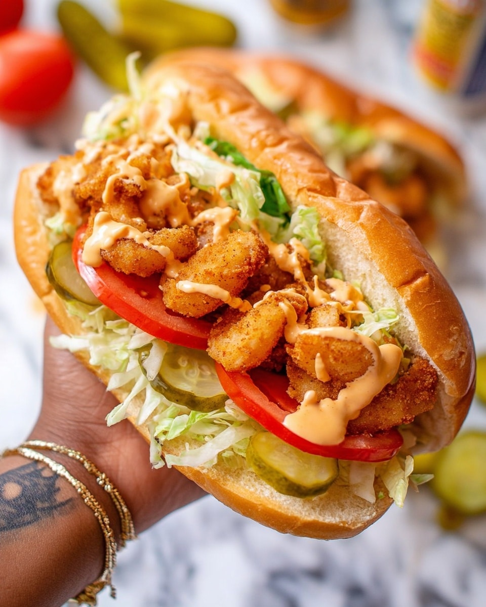 A close-up of a sandwich held by a woman's hand with a bracelet and tattoo. The sandwich is in a soft golden-brown bun that is sliced open. Inside, the first layer is shredded pale green lettuce and slices of green pickles on the bottom and sides. Next, there are two thick red tomato slices placed along one side. On top of that, there are several pieces of golden-brown fried shrimp with a crispy texture. The shrimp are drizzled with a creamy, light orange sauce. The background is a white marbled surface with blurred items like more pickles and tomatoes visible. Photo taken with an iphone --ar 4:5 --v 7