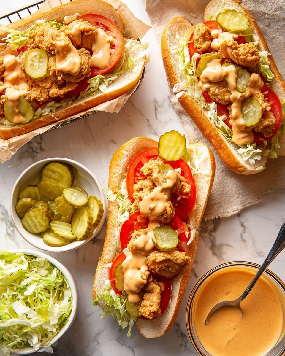 Three open fried chicken po'boy sandwiches are shown on a white marbled surface. Each sandwich is made of a white hoagie roll sliced open, containing a base layer of shredded light green lettuce, followed by bright red tomato slices arranged over the lettuce. On top of the tomatoes, there are several pieces of golden-brown crispy fried chicken with a rough texture. Around and on top of the chicken, there are round green pickle slices. The sandwiches are drizzled with a creamy orange sauce. The sandwich in the middle is placed in a small white basket lined with light brown parchment paper. Next to the basket, there is a small white bowl filled with more sliced pickles and a small white bowl filled with shredded lettuce. On the right side, there is a clear glass bowl containing more of the orange sauce with a spoon inside it. Photo taken with an iphone --ar 4:5 --v 7