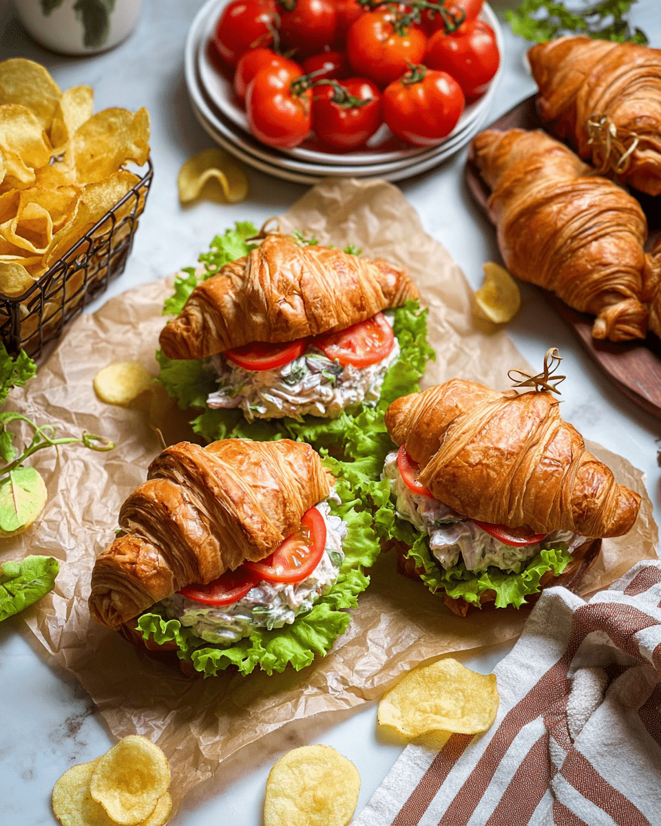The image shows three croissant sandwiches arranged on crinkled parchment paper, each sandwich layered with fresh bright green lettuce at the bottom, a creamy filling mixed with small bits of red onion and herbs in the middle, and topped with two thin slices of red tomato. The croissants are golden brown and flaky, each held together with a thin wooden pick. Around the sandwiches are scattered light yellow potato chips. In the background, there is a white plate filled with whole and sliced ripe red tomatoes, and a small wire basket holding extra whole croissants. A white cloth with brown stripes is placed on the right side on a white marbled textured surface. photo taken with an iphone --ar 4:5 --v 7
