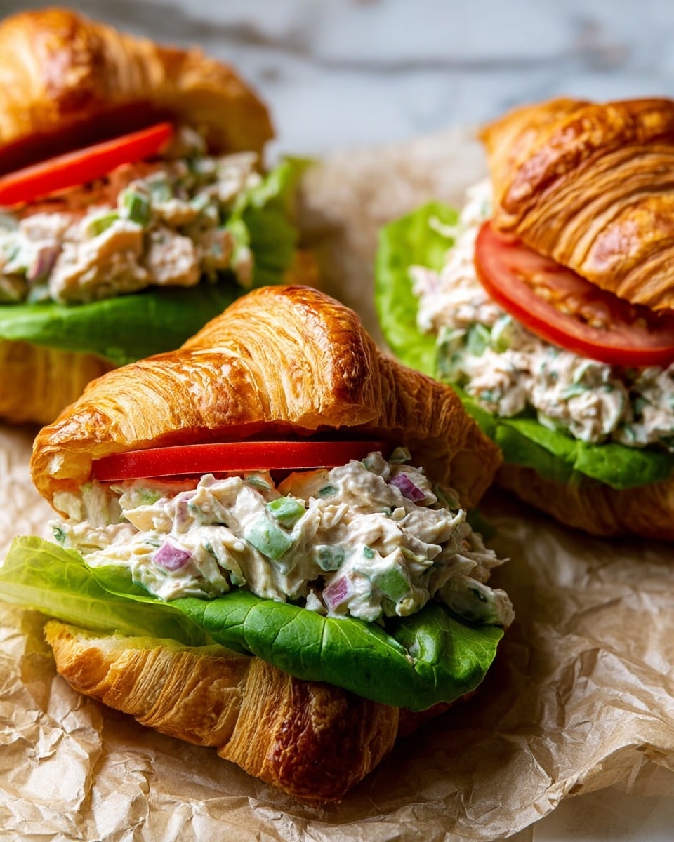 The image shows three croissant sandwiches on crumpled parchment paper placed on a white marbled surface. Each sandwich has a golden brown, flaky croissant as the base and top layer. Inside, the bottom layer is bright green fresh lettuce; on top of that, there is a creamy chicken salad filling mixed with small bits of red onion and celery, giving it a white and slightly speckled texture. The final layer is thinly sliced red tomato placed just beneath the top croissant half. The sandwiches appear fresh and filled generously, with vibrant colors of green, red, and creamy white against the golden croissants. photo taken with an iphone --ar 4:5 --v 7