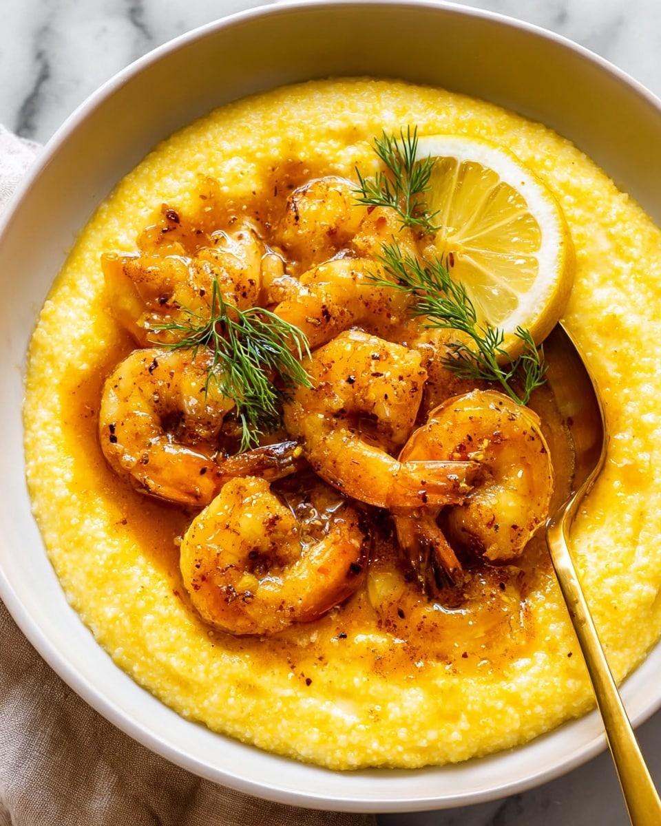 A white bowl holds a creamy yellow base of soft grits with a smooth and slightly thick texture, covering the entire bottom. On top, there are two layers of plump, golden-brown shrimp coated in a shiny, rich sauce with a deep amber color and visible seasoning specks. The shrimp are arranged in the center, some curled, some laying flat. A bright yellow slice of lemon rests on the shrimp, angled slightly upright, with two small sprigs of fresh green dill placed beside and on top of the shrimp. A gold spoon is partially submerged in the grits near the right edge of the bowl. The bowl sits on a white marbled surface. photo taken with an iphone --ar 4:5 --v 7